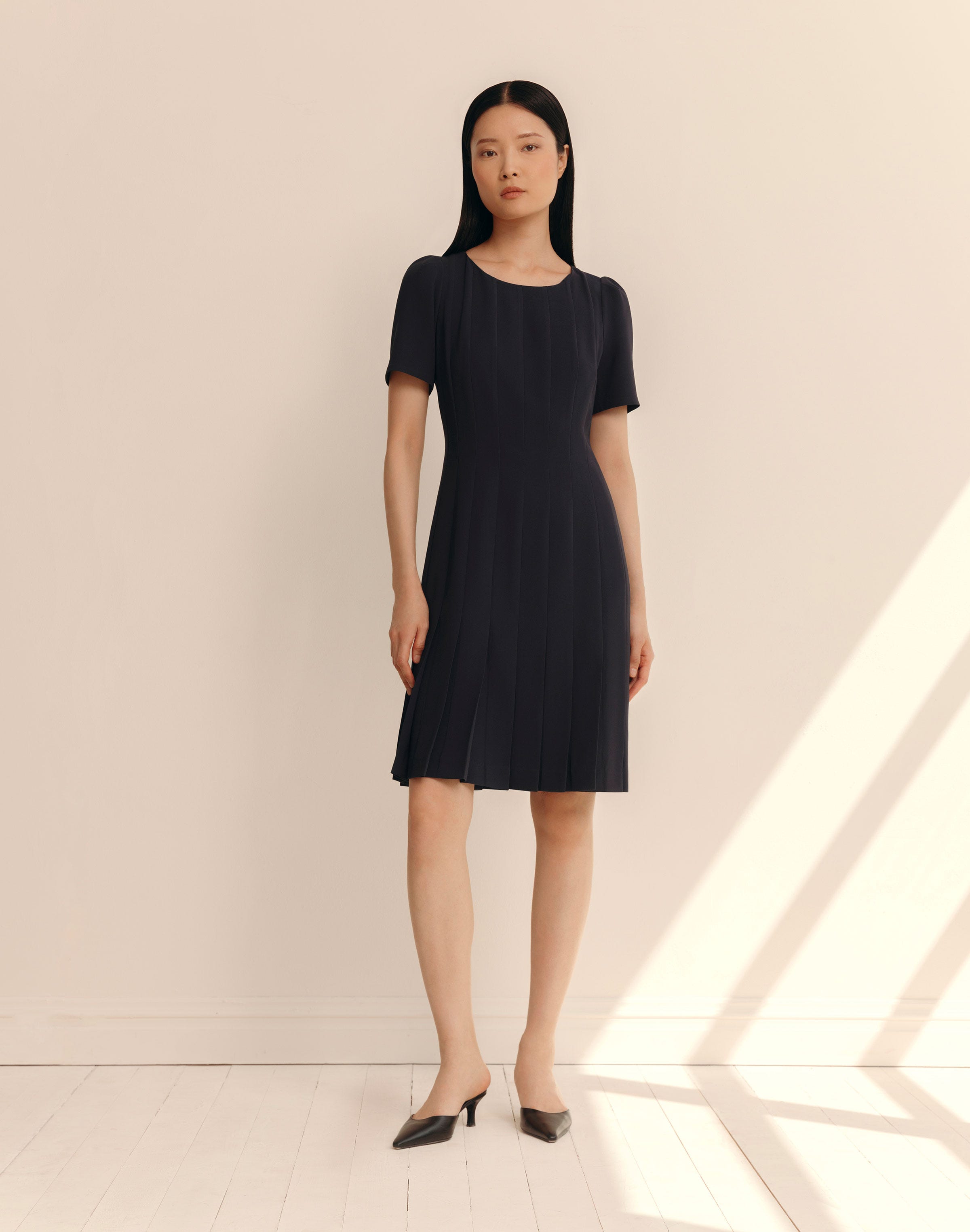 Petite Responsible Finesse Crepe Hand Pleated Short Sleeve Dress