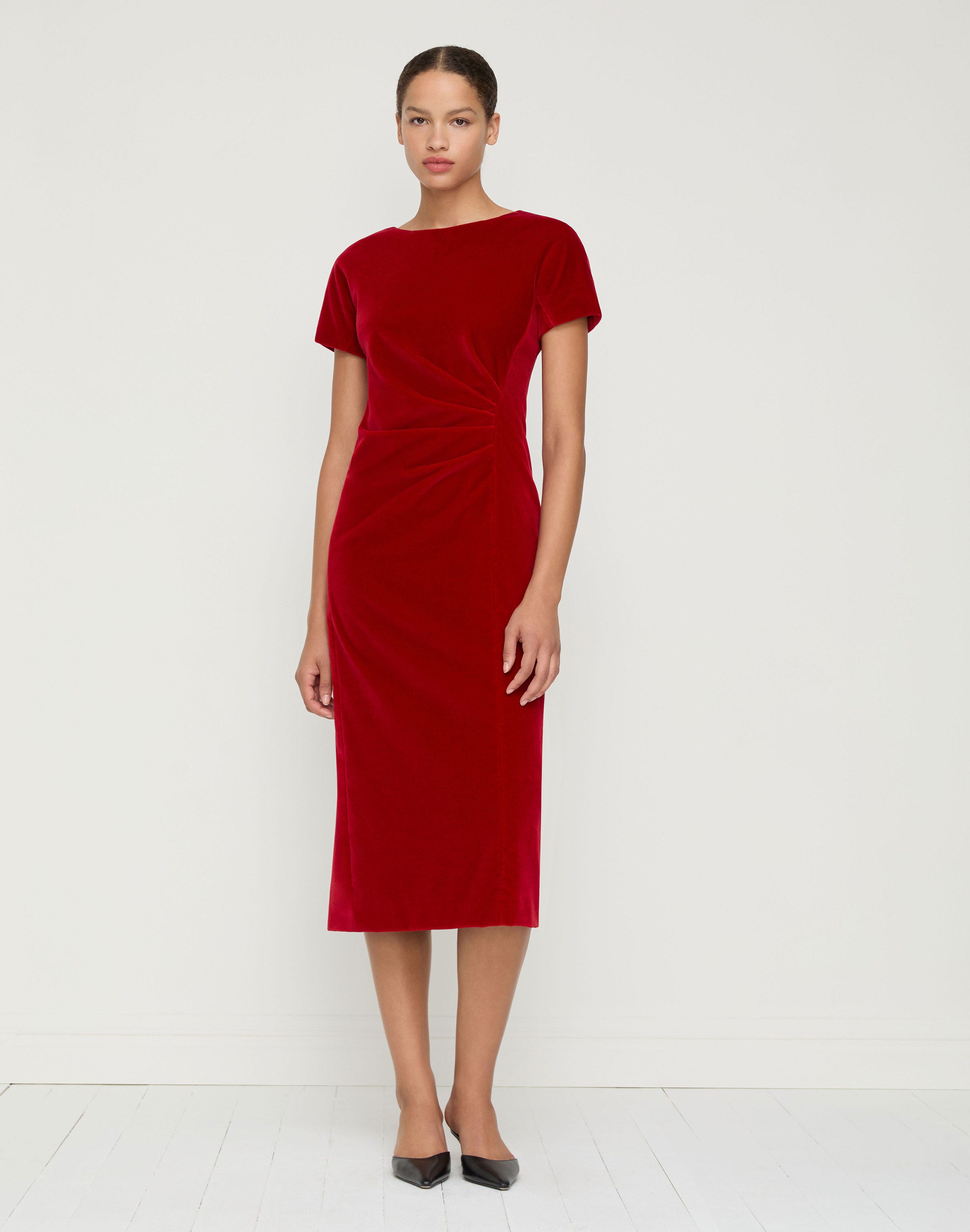 Velvet Pleated Waist Midi Dress