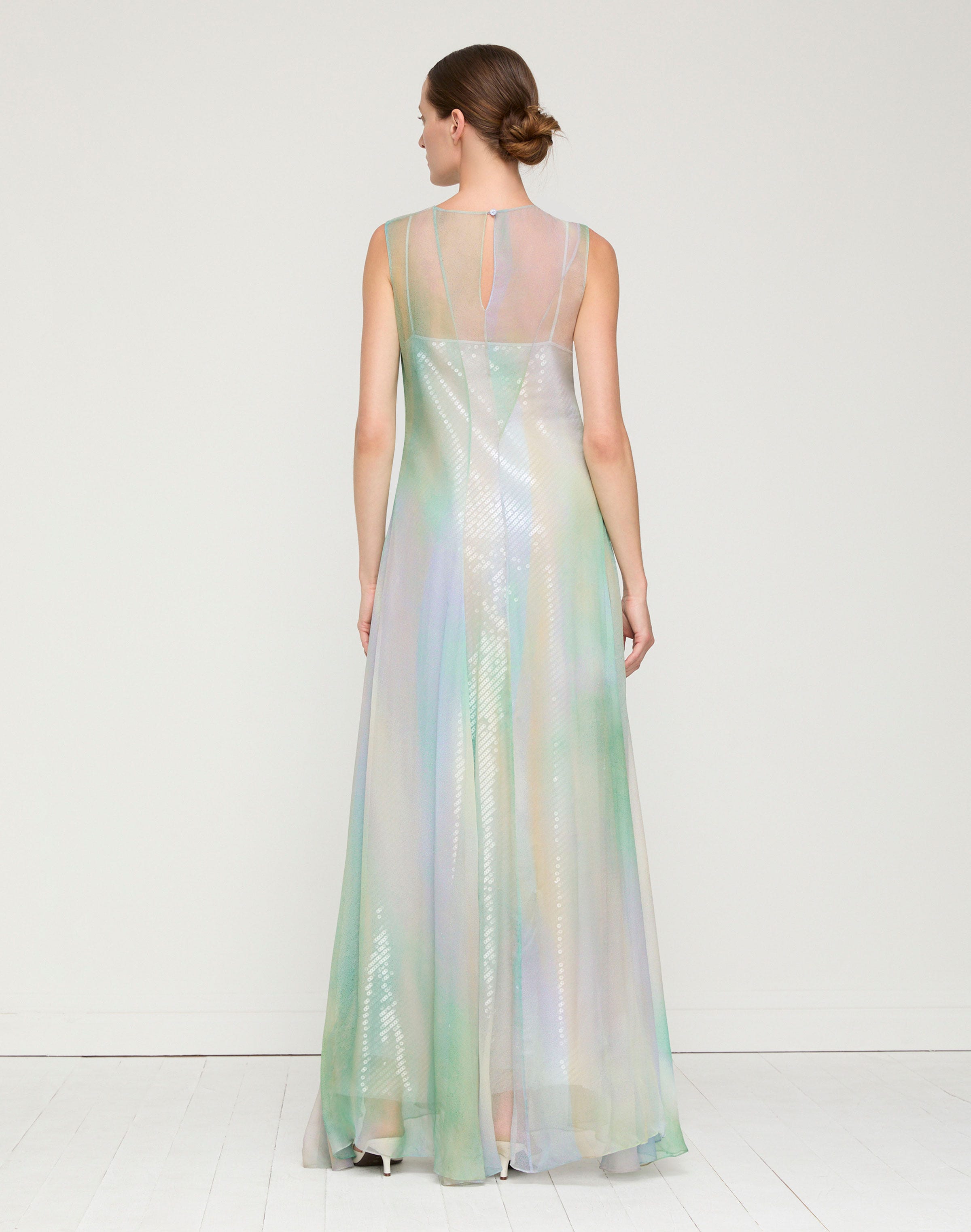 Aurora Print Silk Crépon Flared Gown & Sequin Slip