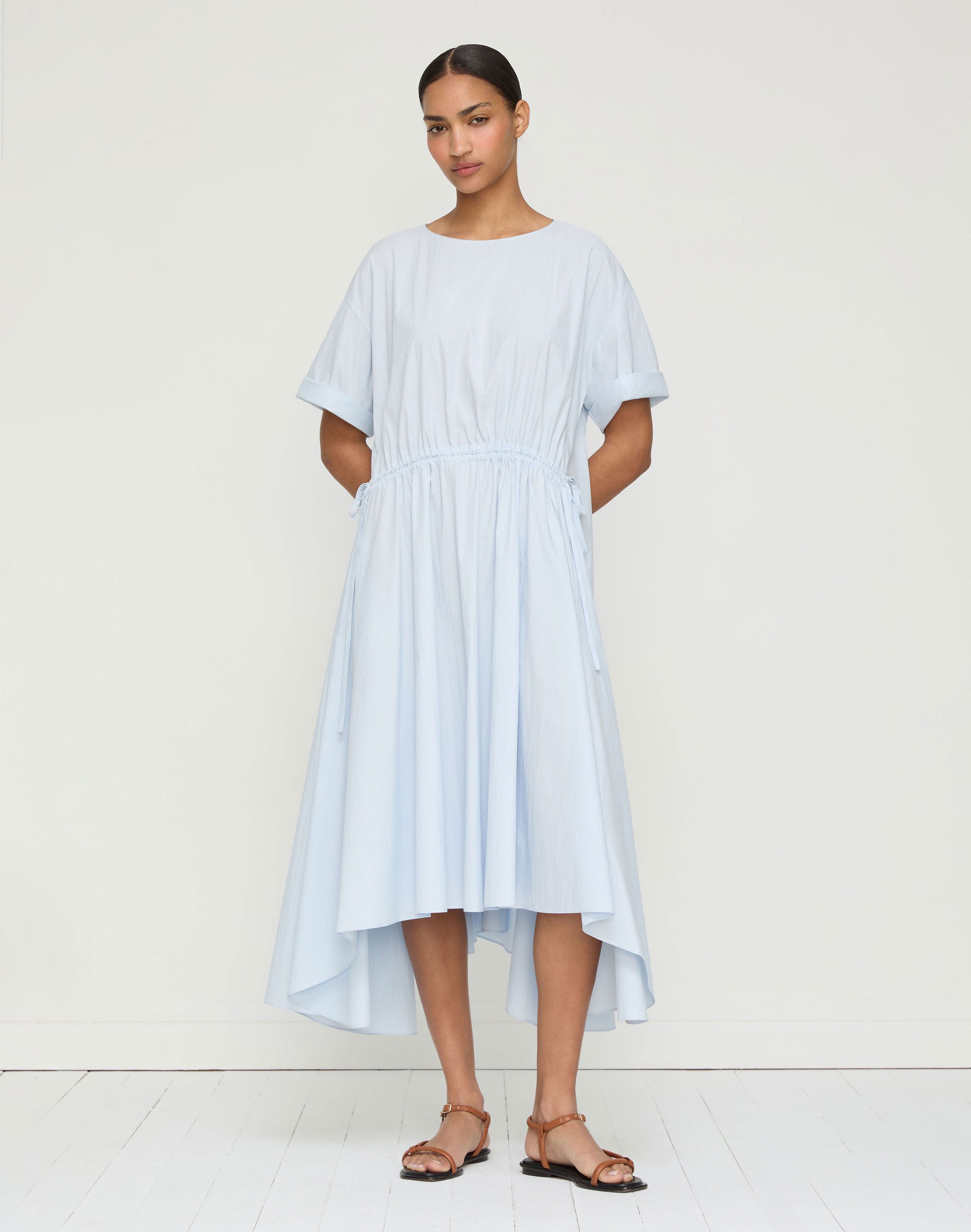 Travel Cotton Gathered Tie Midi Dress