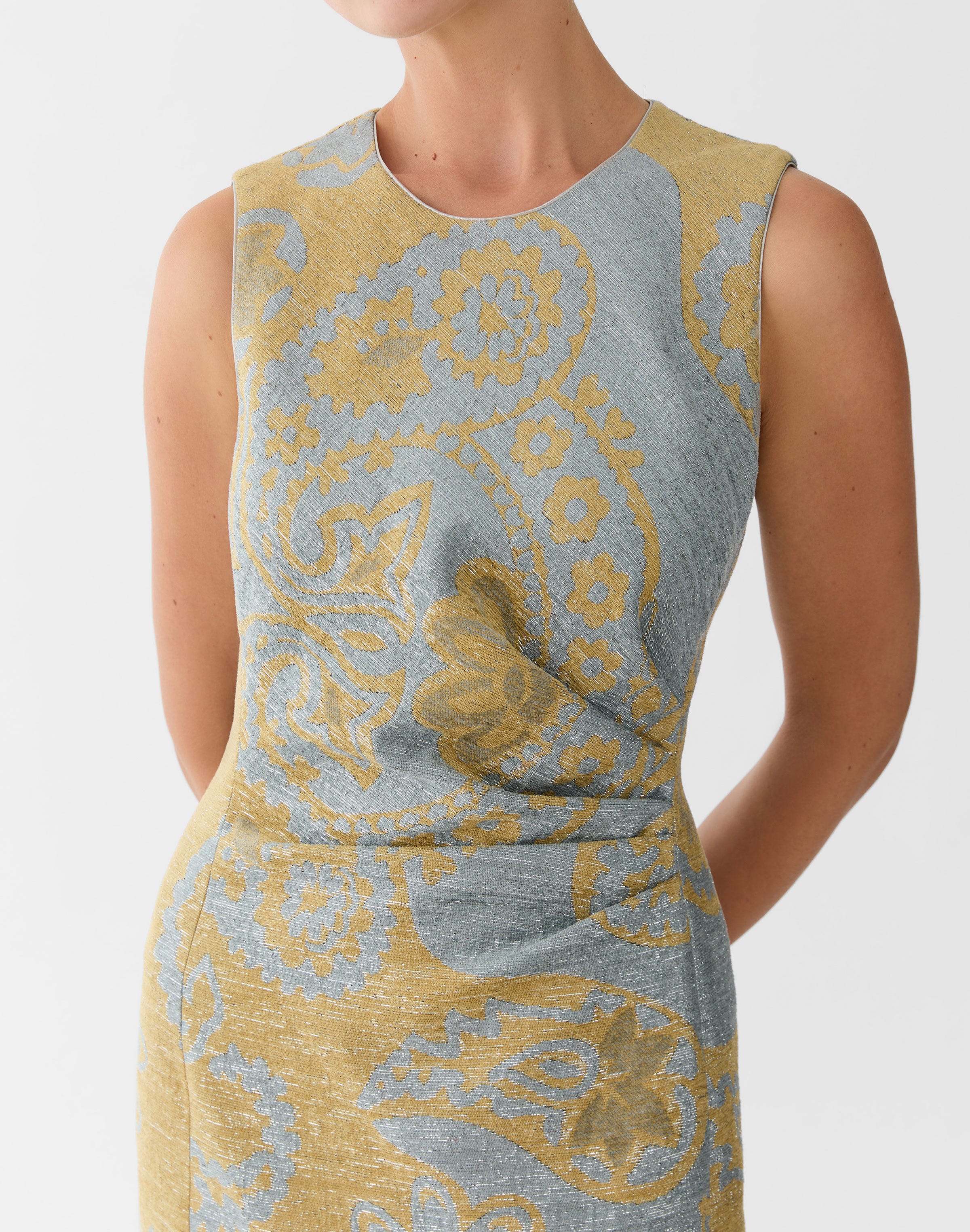 Paisley Jacquard Pleated Sleeveless Gown