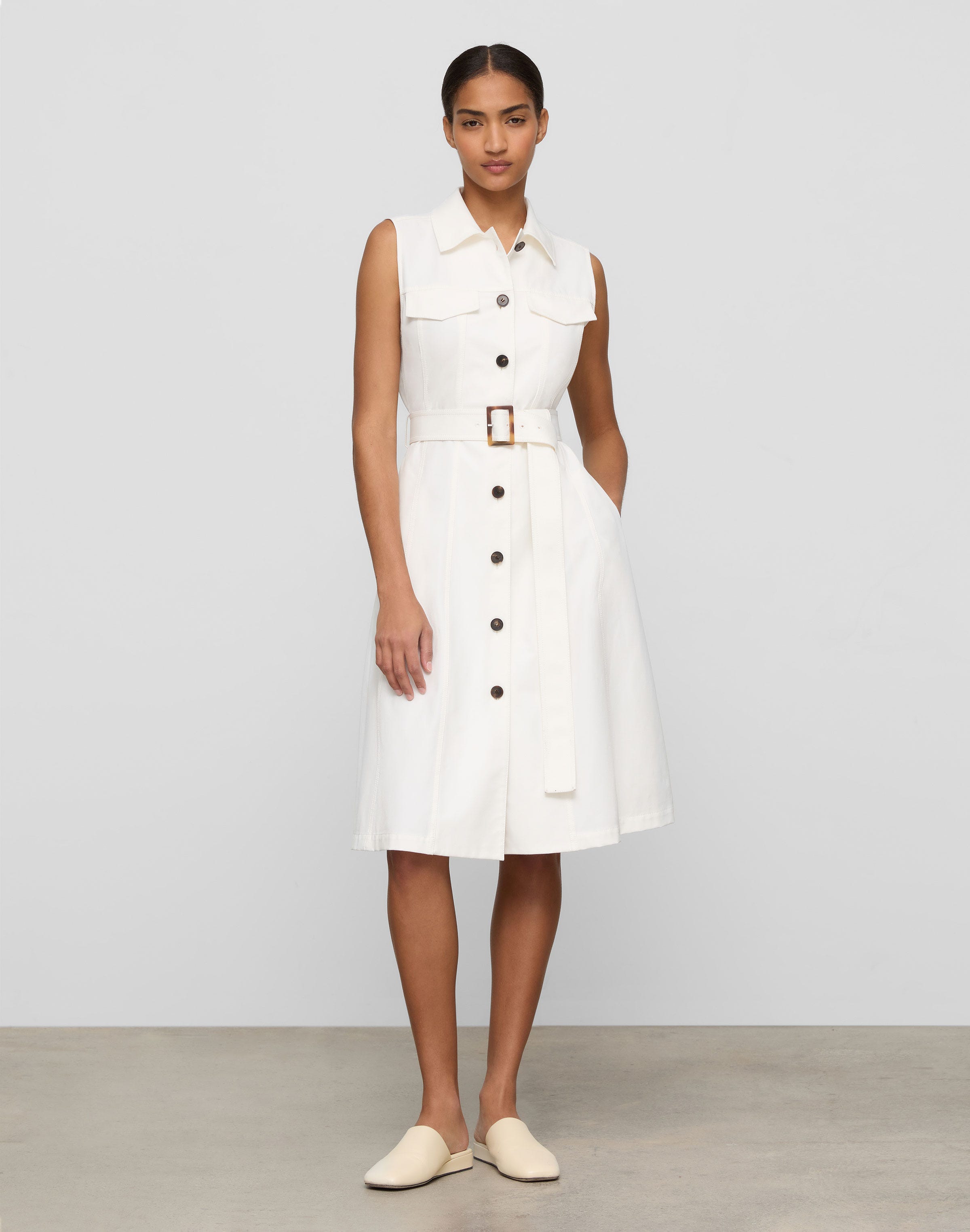 Petite Techno Stretch Twill Belted Shirtdress