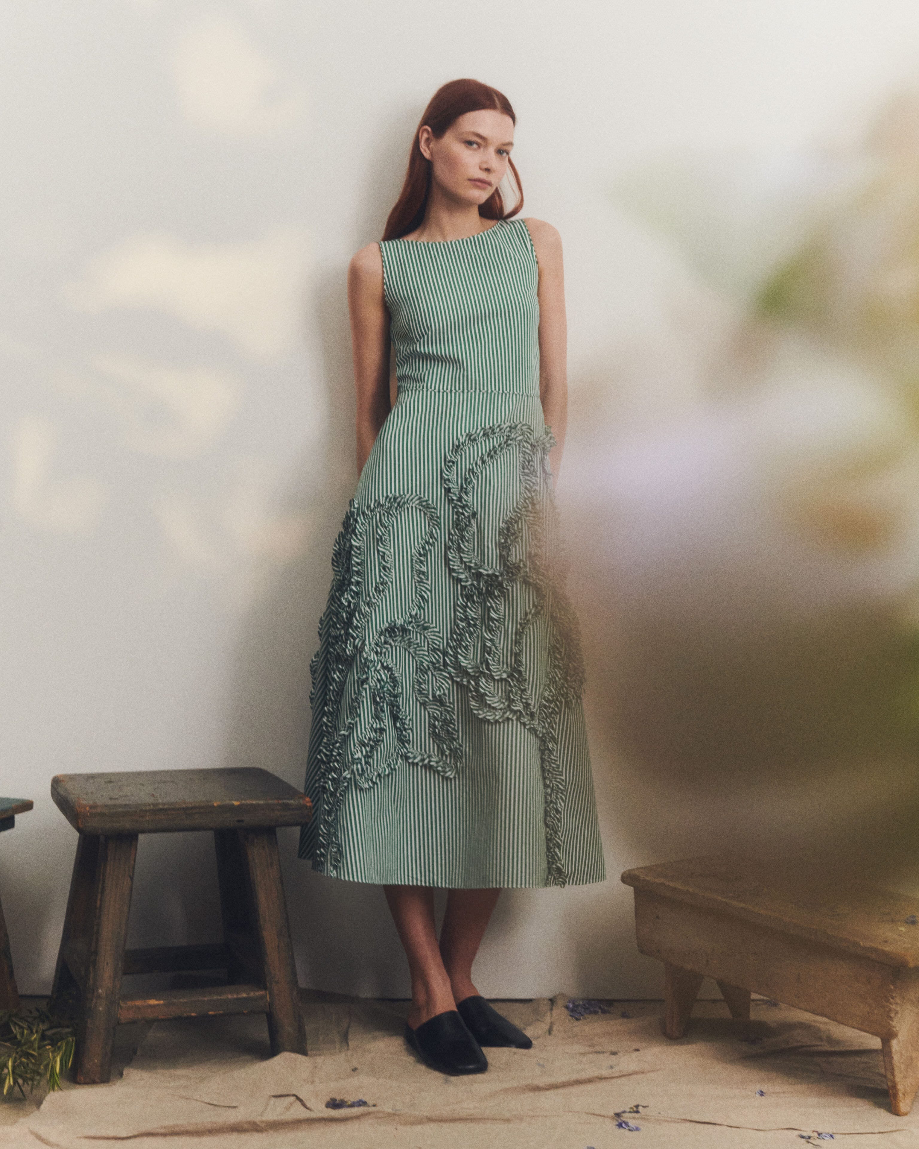 Striped Cotton Floral Appliqué Dress