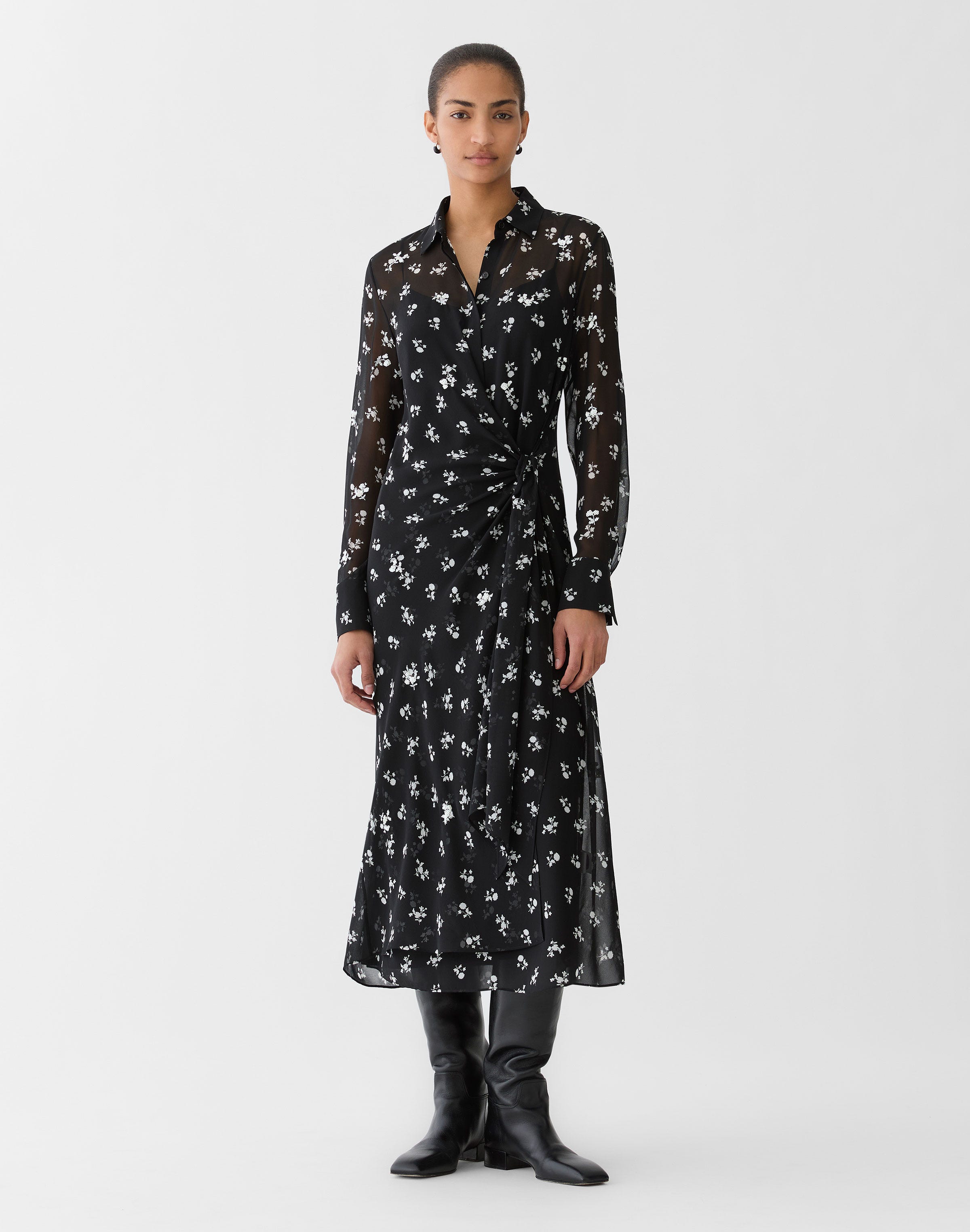 Ditsy Floral Print Silk Georgette Embellished Wrap Dress