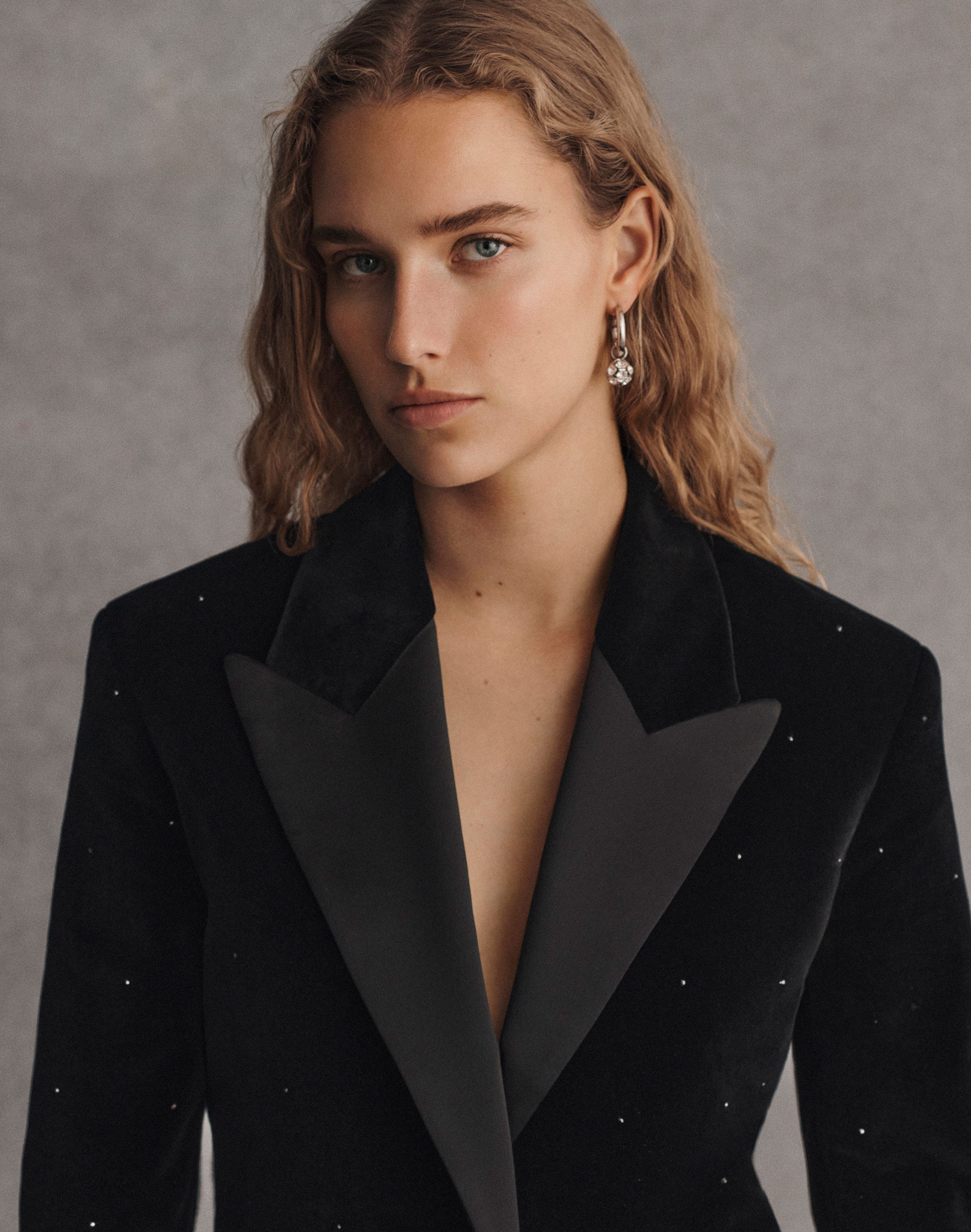Velvet Crystal Embellished Tuxedo Jacket