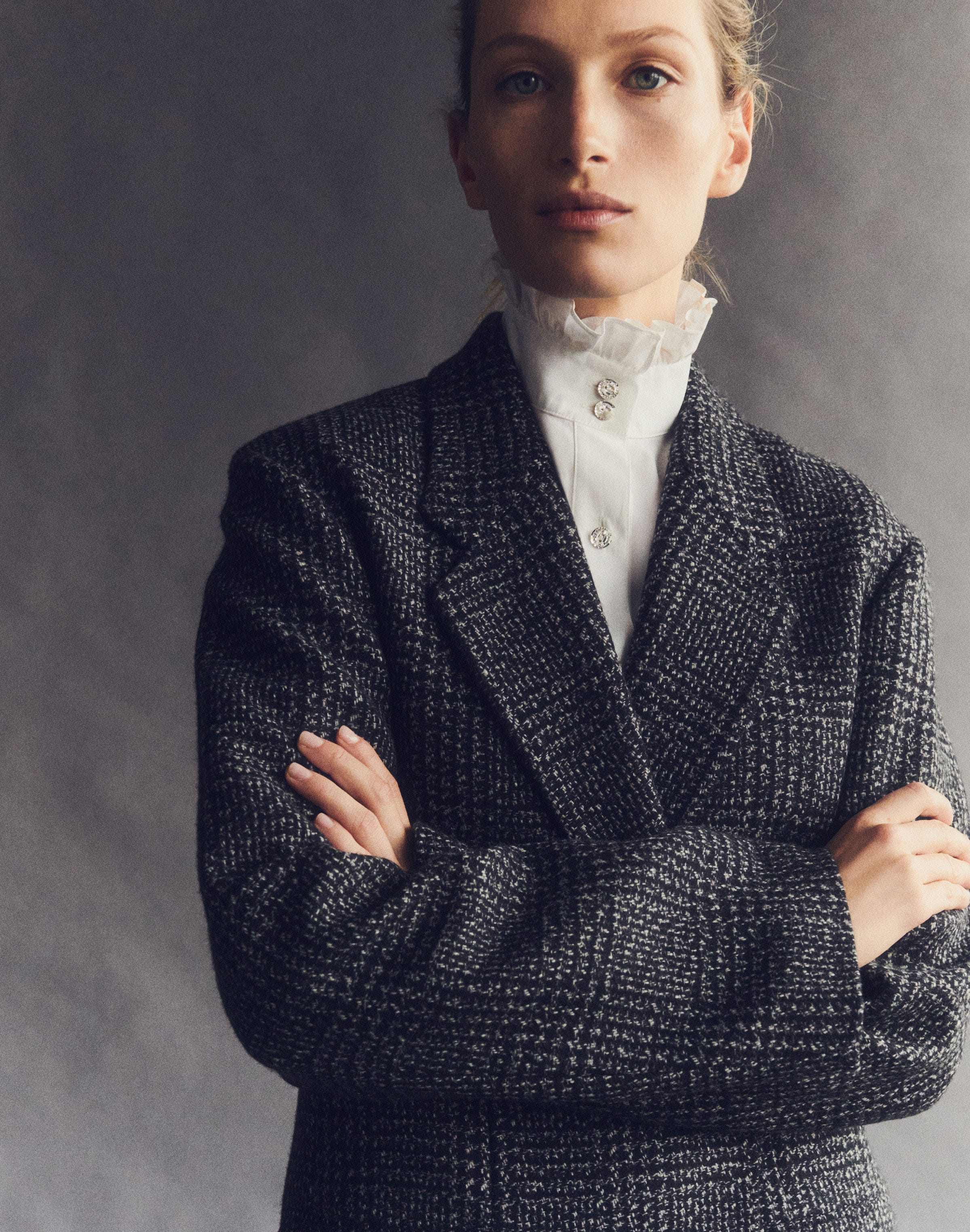 Wool-Cashmere Jacket and Silk Crystal Button Blouse