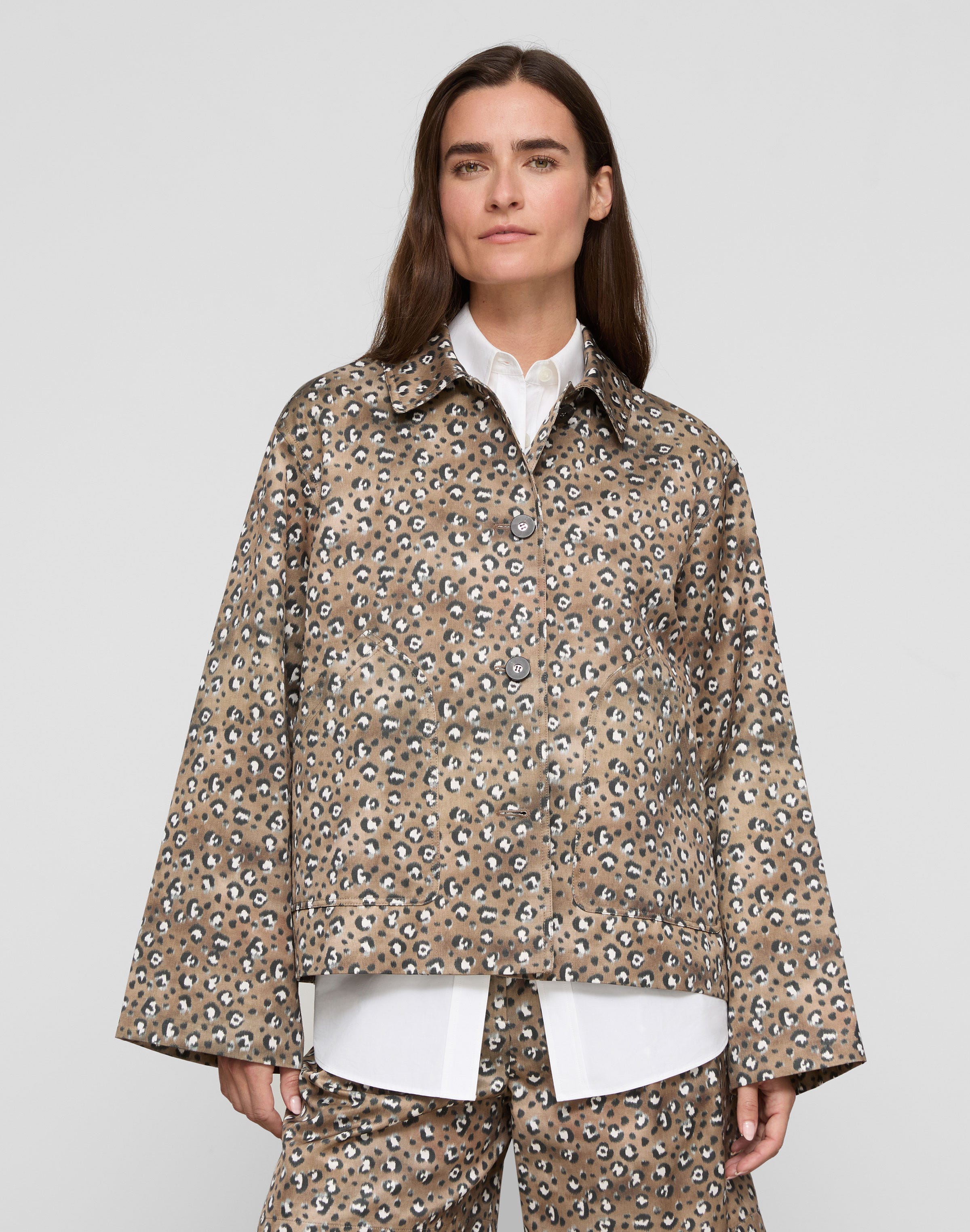 Leopard Print Cotton-Viscose Twill A-Line Topper