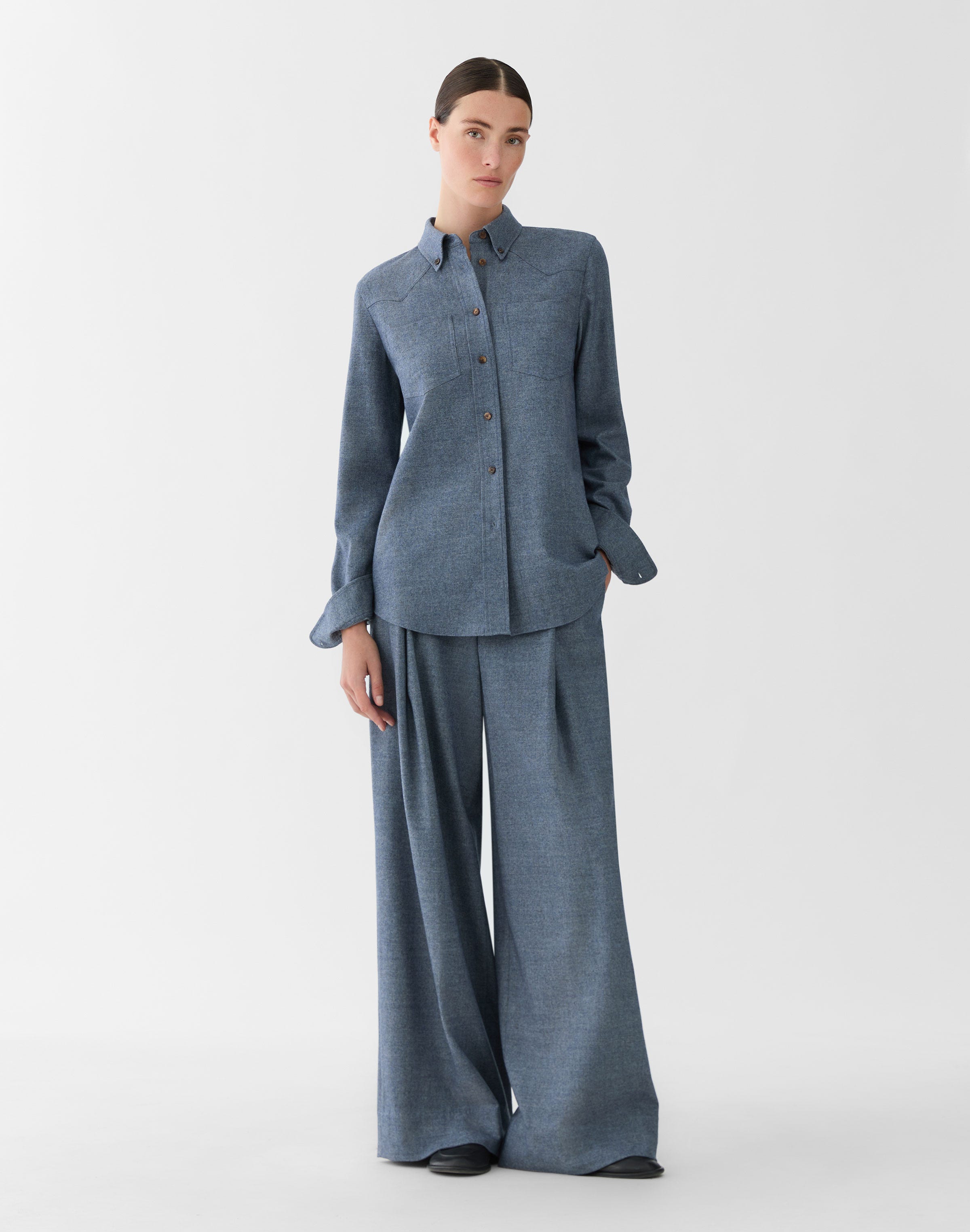 Denim-Effect Wool-Cashmere Flannel Astor Wide Leg Pant