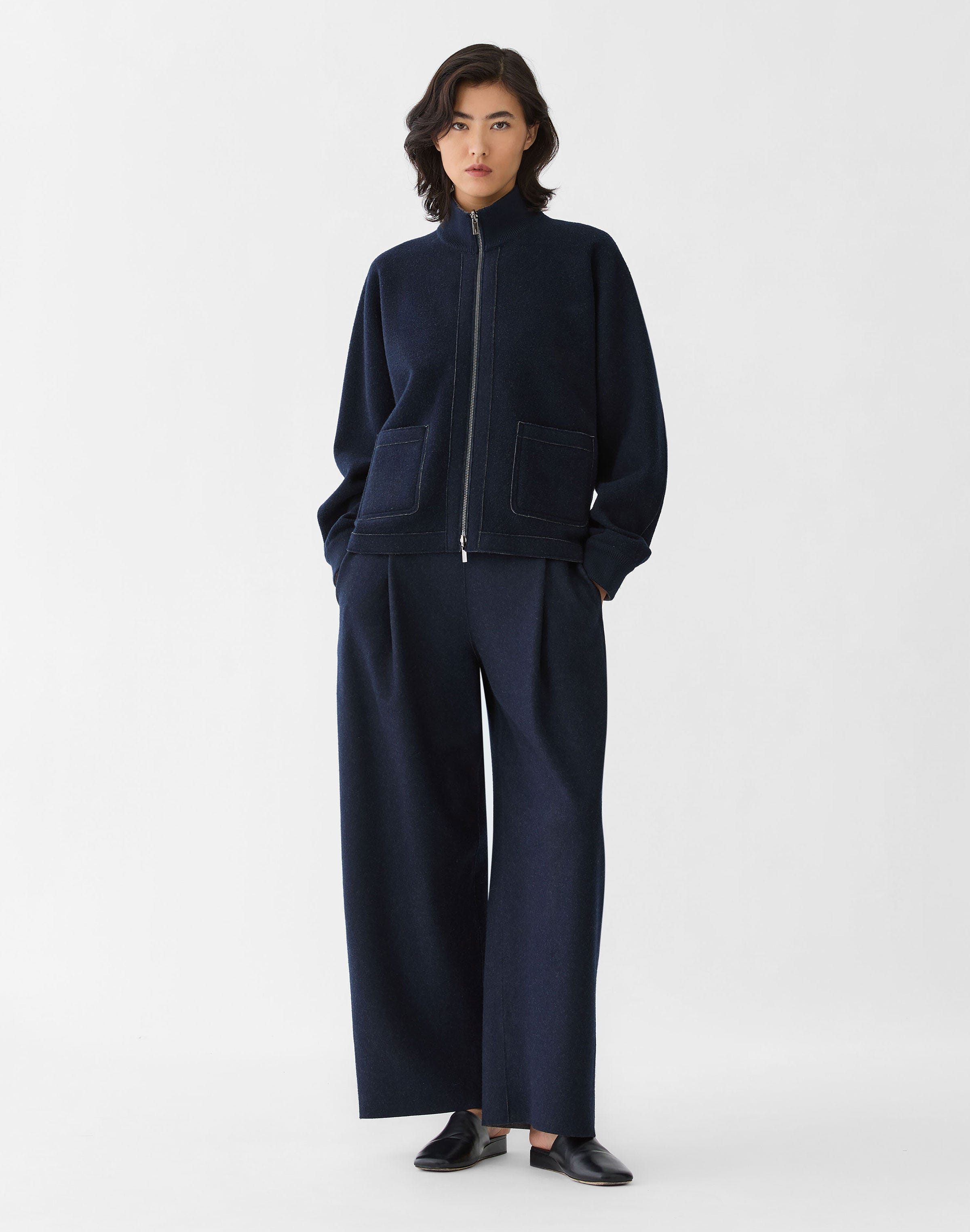 Wool-Cashmere Double Knit Walker Barrel Leg Ankle Pant
