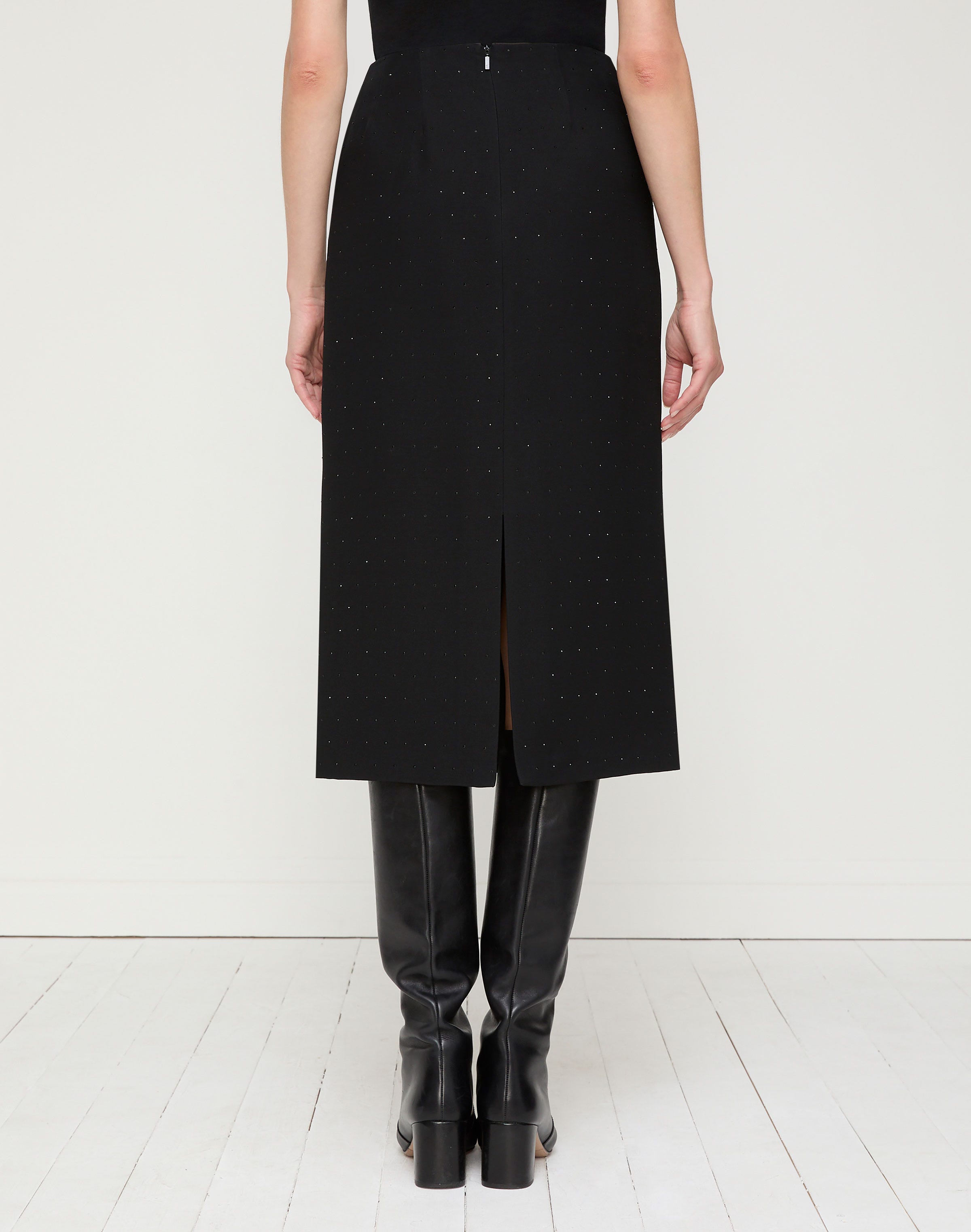 Wool-Silk Crepe Crystal Embellished Pencil Skirt