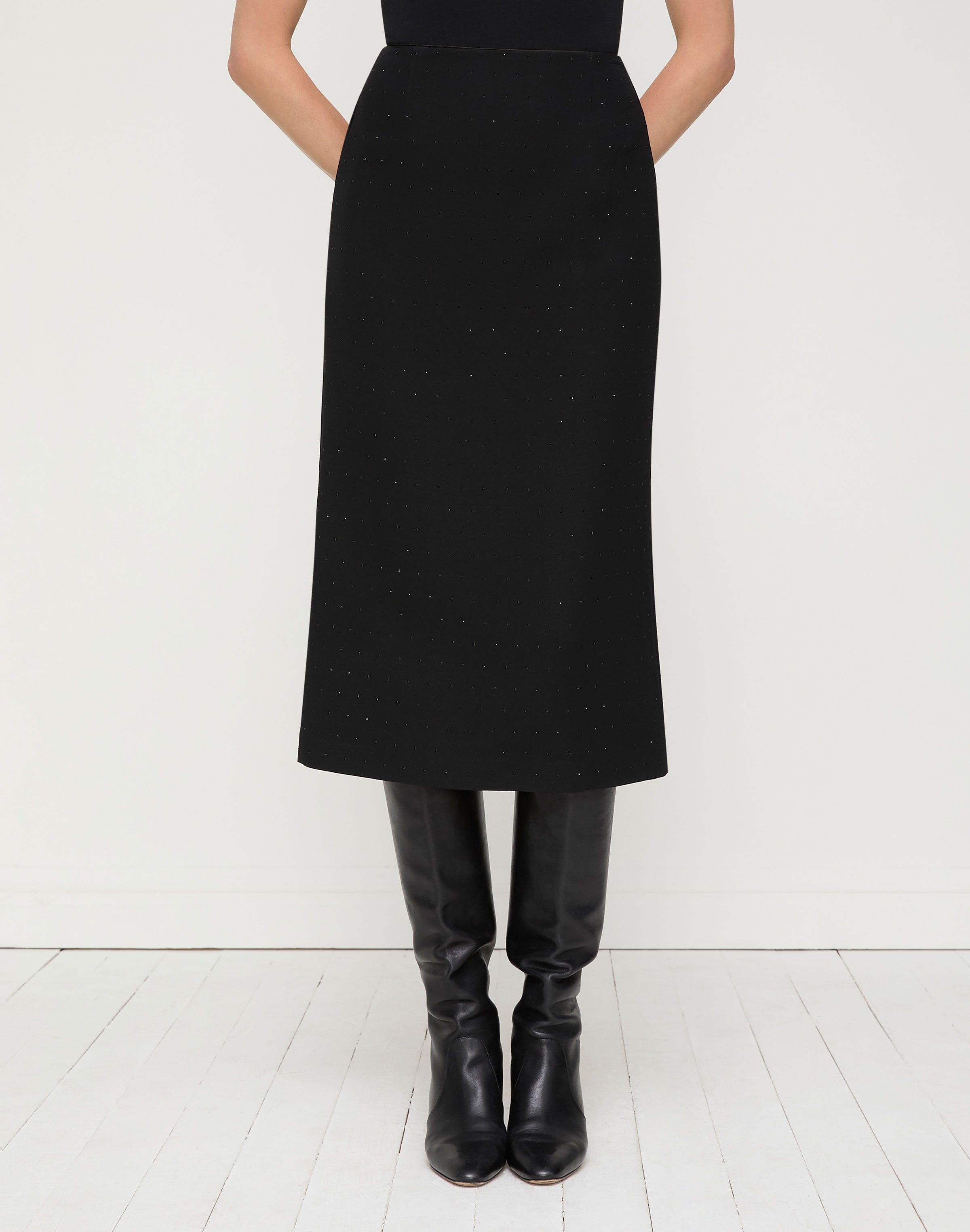 Wool-Silk Crepe Crystal Embellished Pencil Skirt