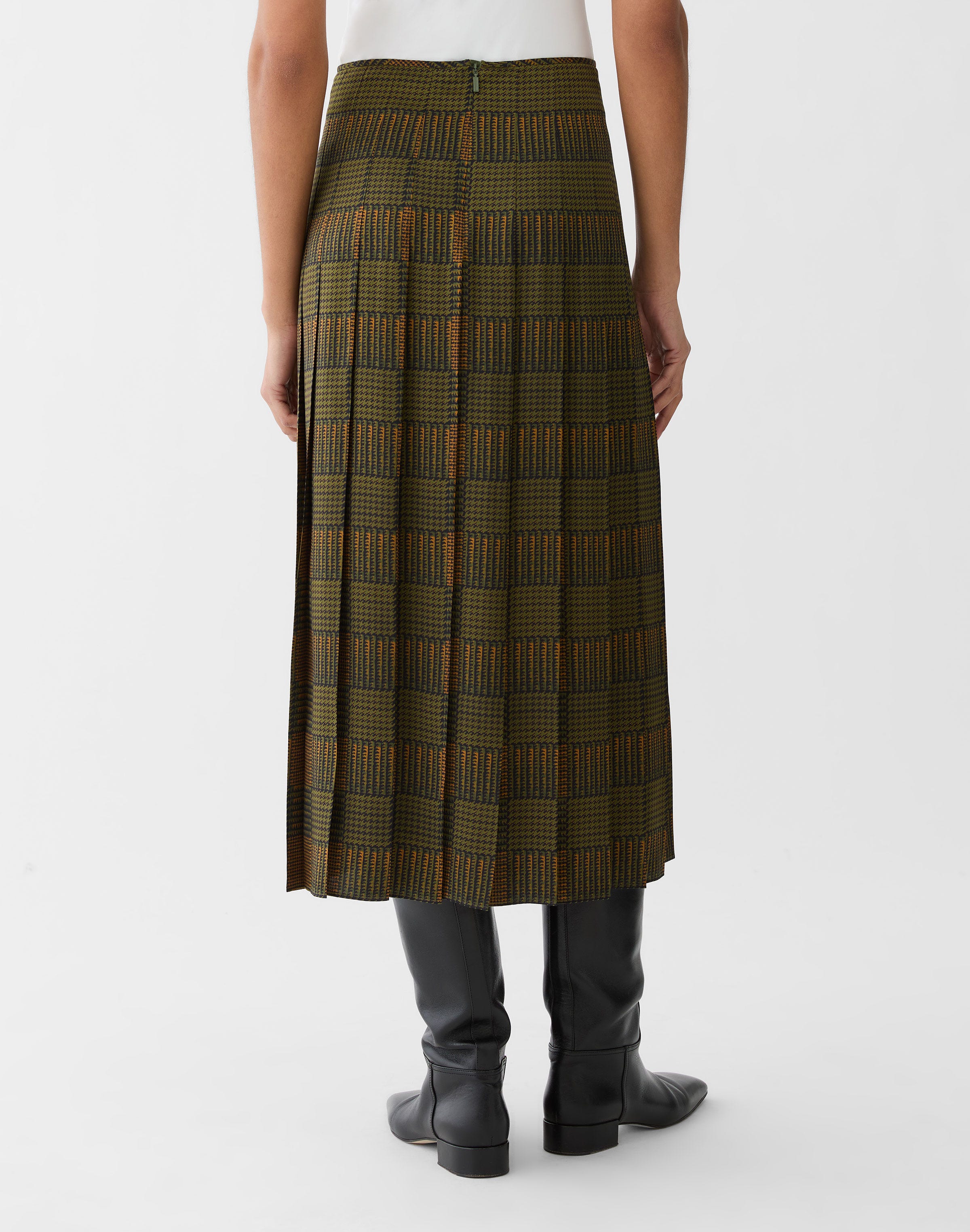 Glen Plaid Print Silk Pleated Skirt