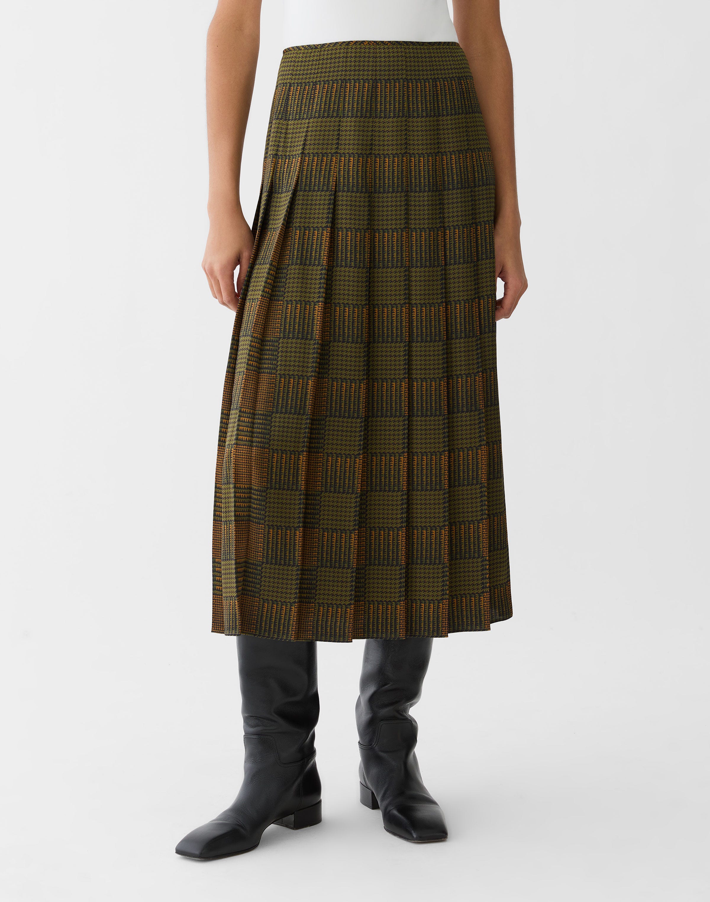 Glen Plaid Print Silk Pleated Skirt