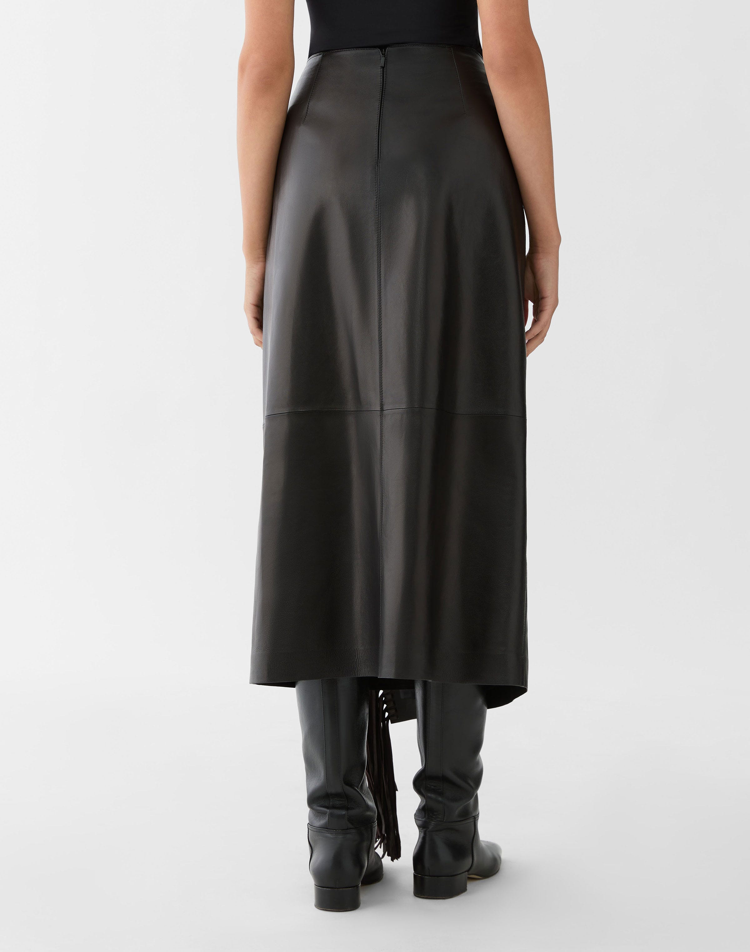 Nappa Leather Whipstitch Fringe Midi Skirt