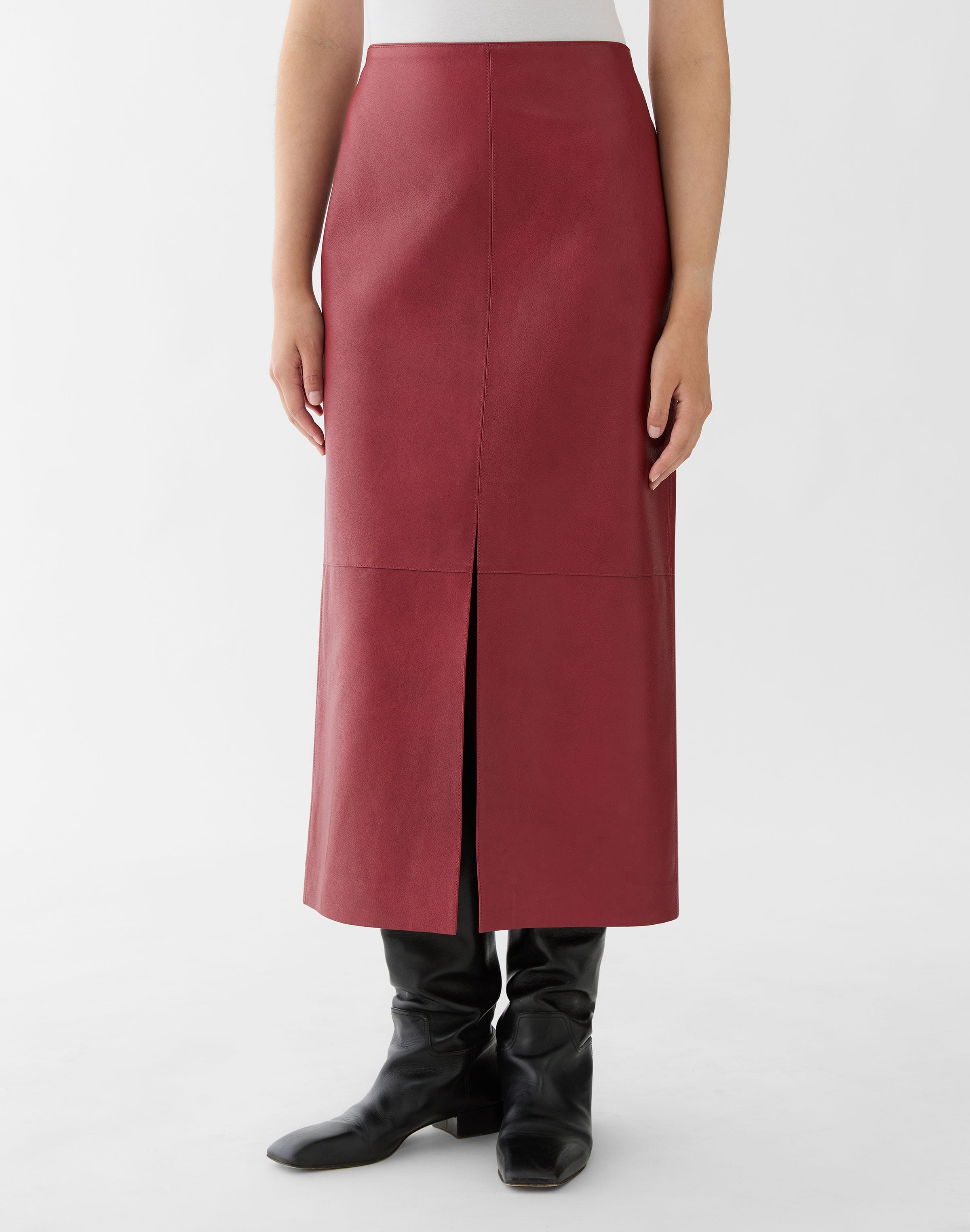 Full Grain Leather Front Slit Midi Skirt