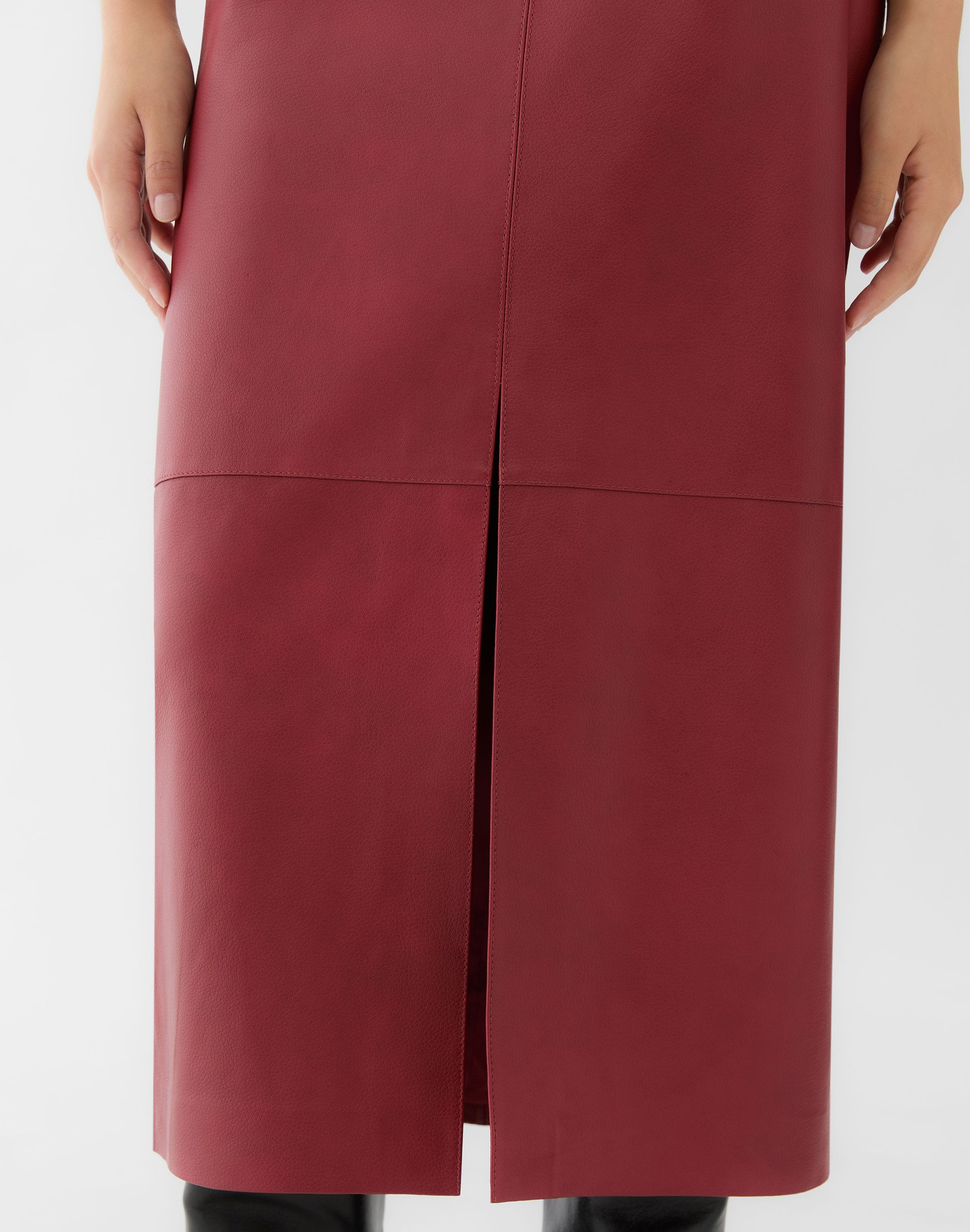 Full Grain Leather Front Slit Midi Skirt