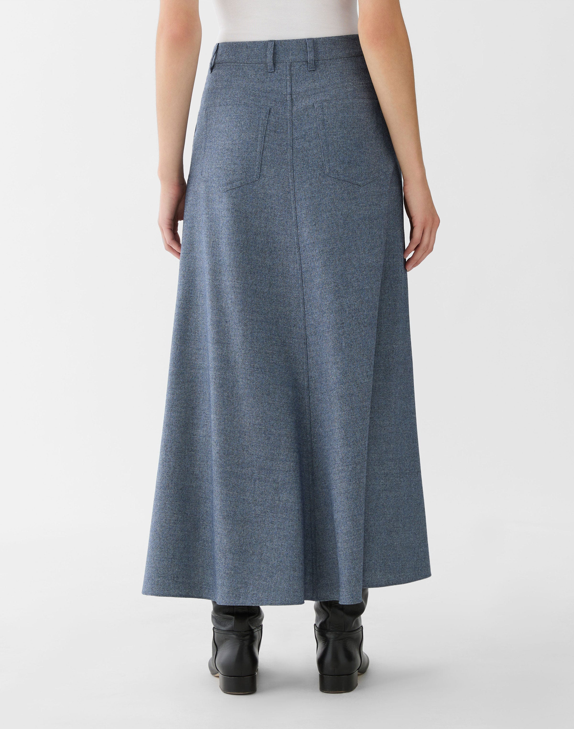 Denim-Effect Wool-Cashmere Flannel Western Skirt