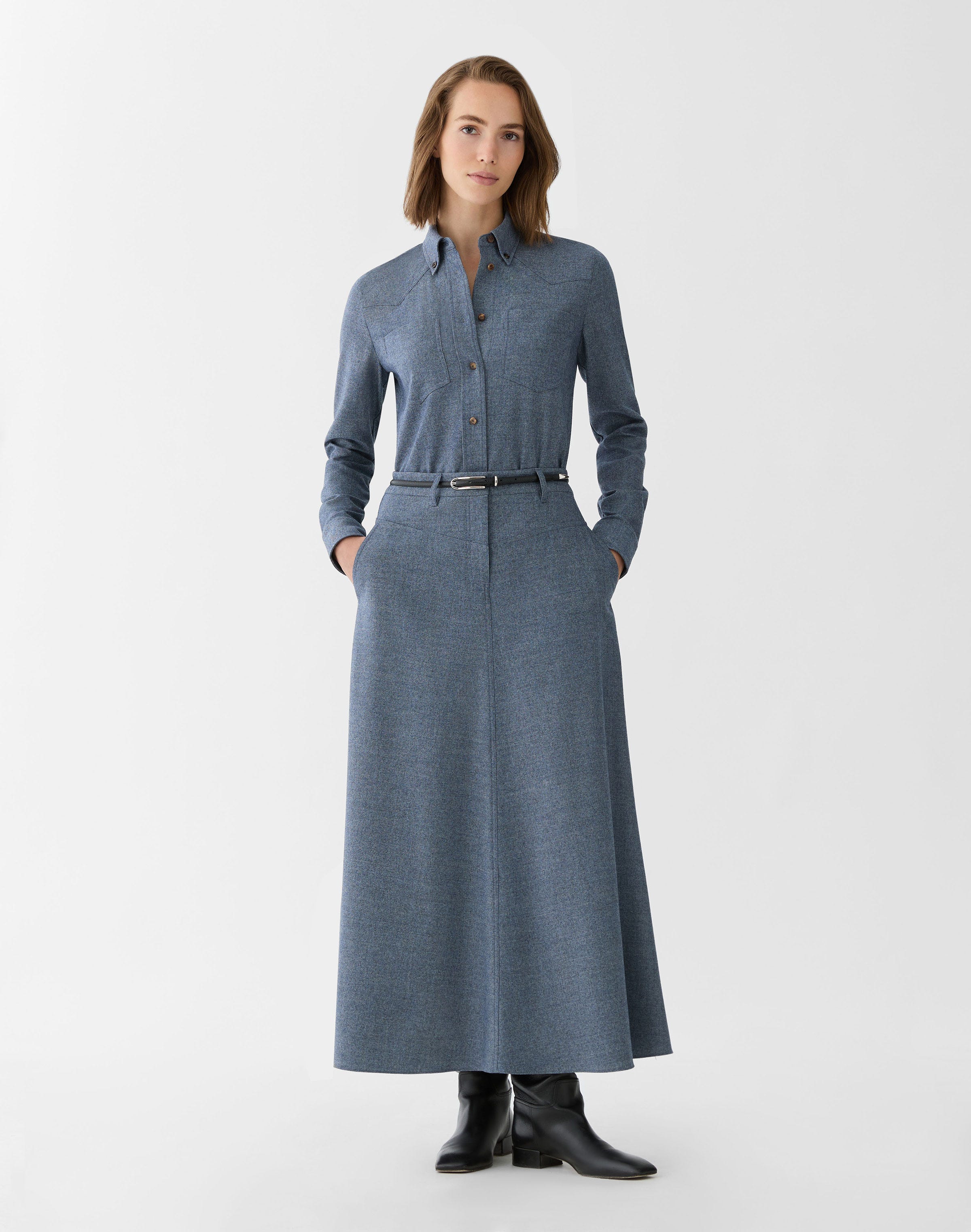 Denim-Effect Wool-Cashmere Flannel Western Skirt