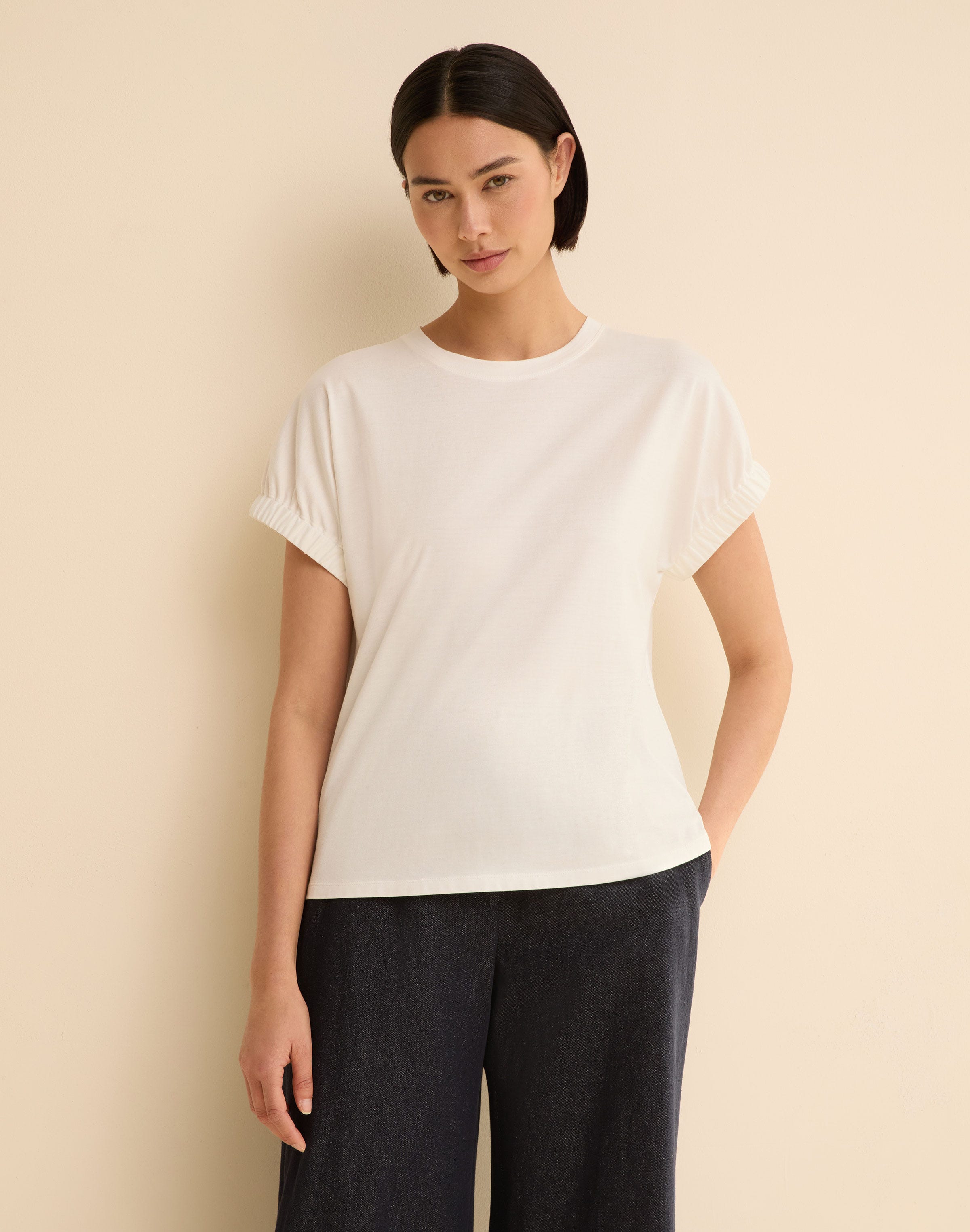 Cotton Jersey Gathered Cuff T-Shirt