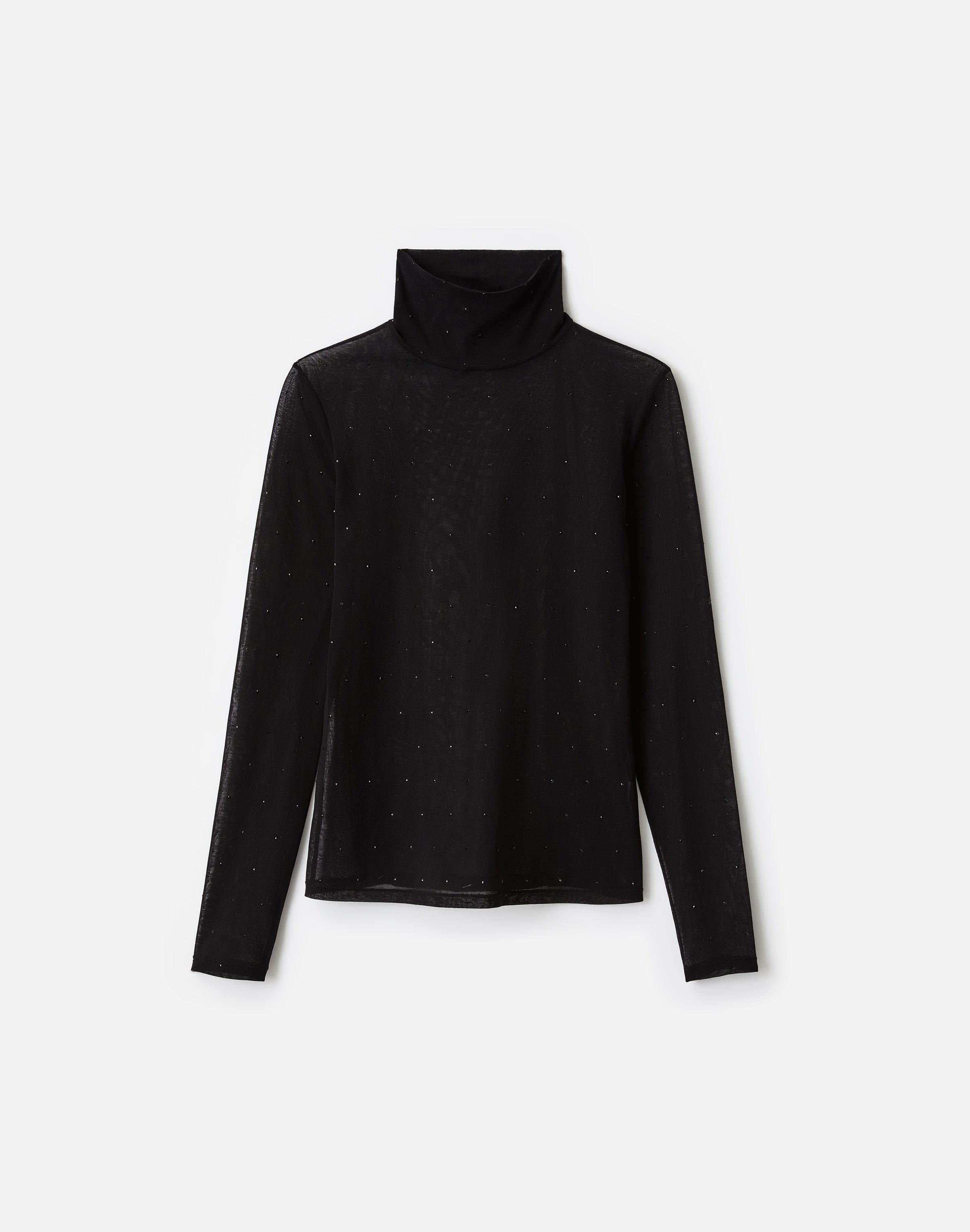 Cotton Jersey Sheer Crystal Embellished Turtleneck