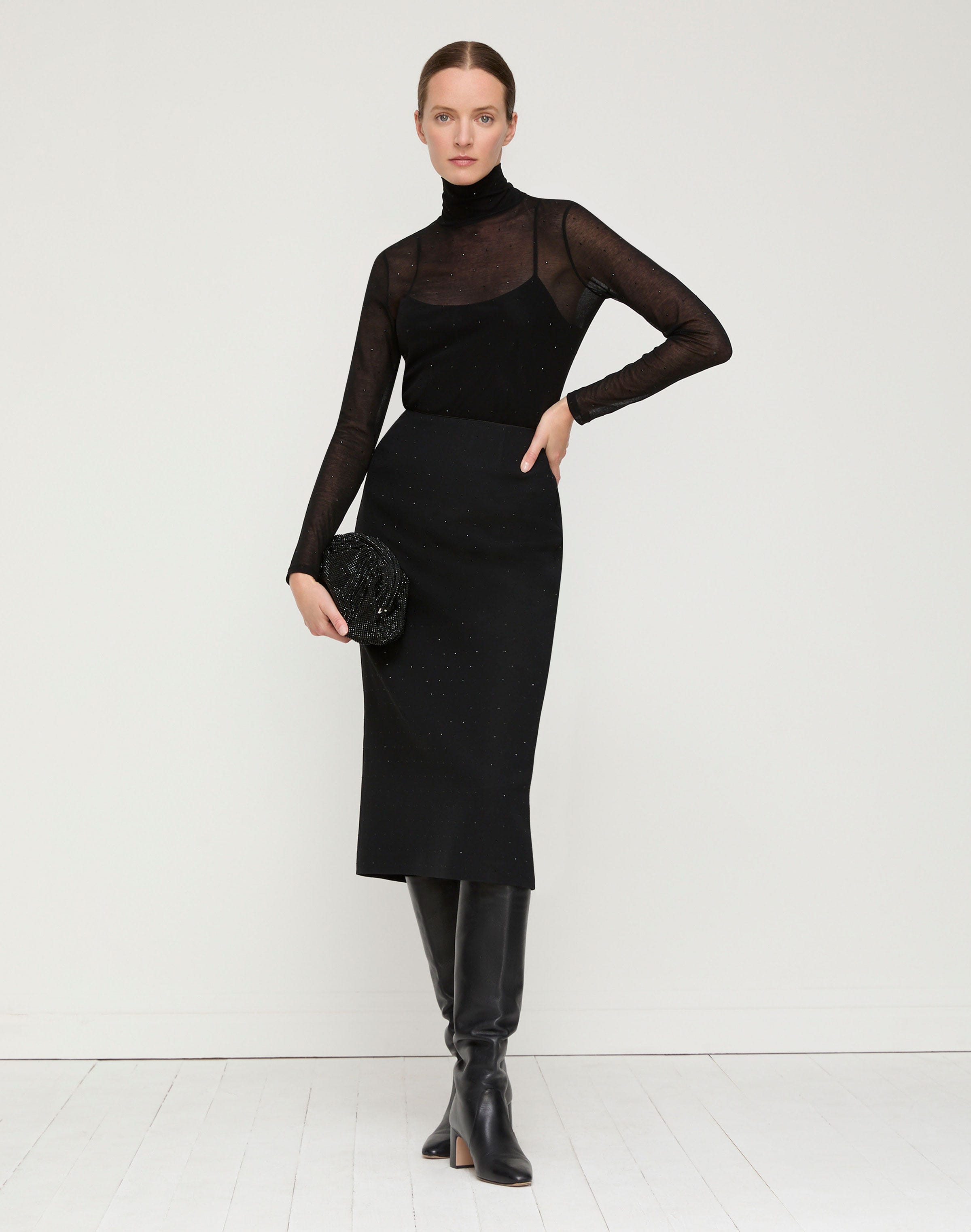 Cotton Jersey Sheer Crystal Embellished Turtleneck