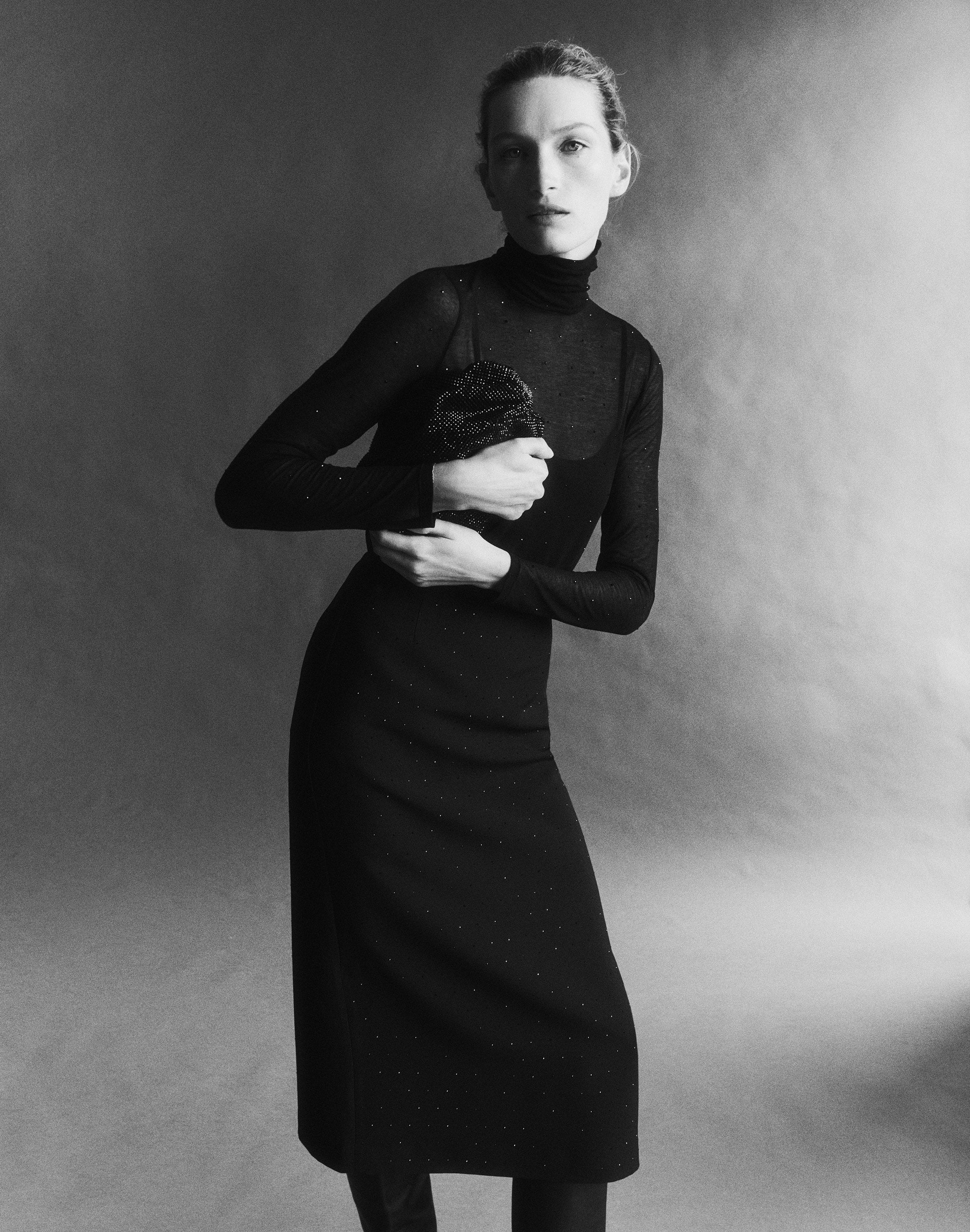 Crystal Embellished Sheer Turtleneck and Wool-Silk Skirt