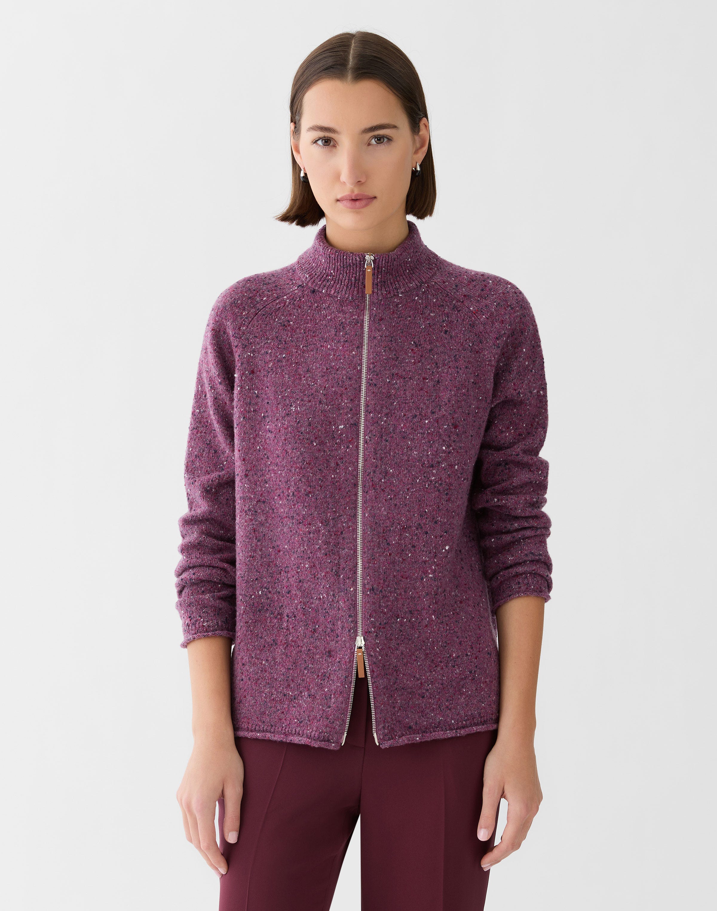 Plus-Size Cashmere Donegal Zip Front Cardigan