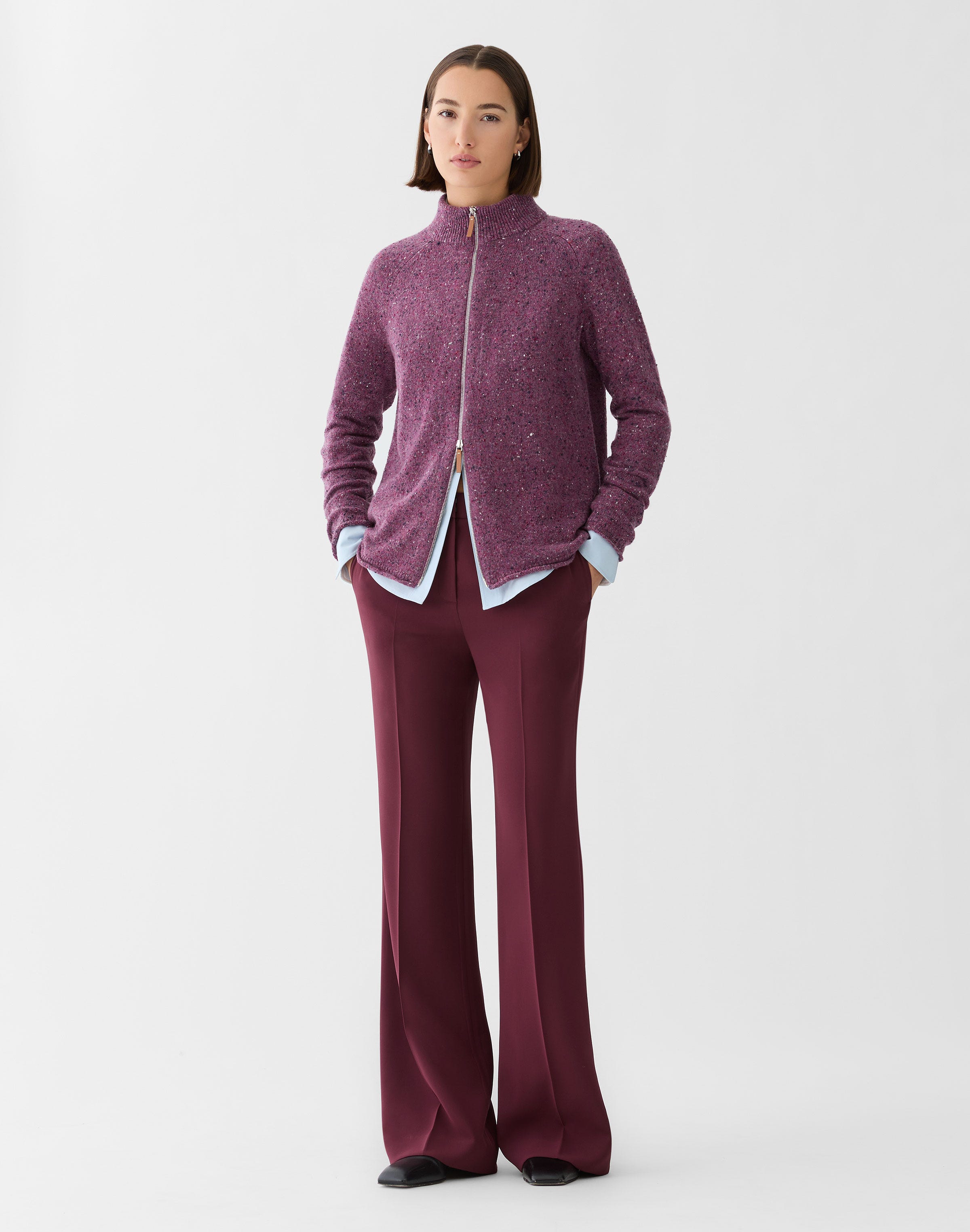Plus-Size Cashmere Donegal Zip Front Cardigan