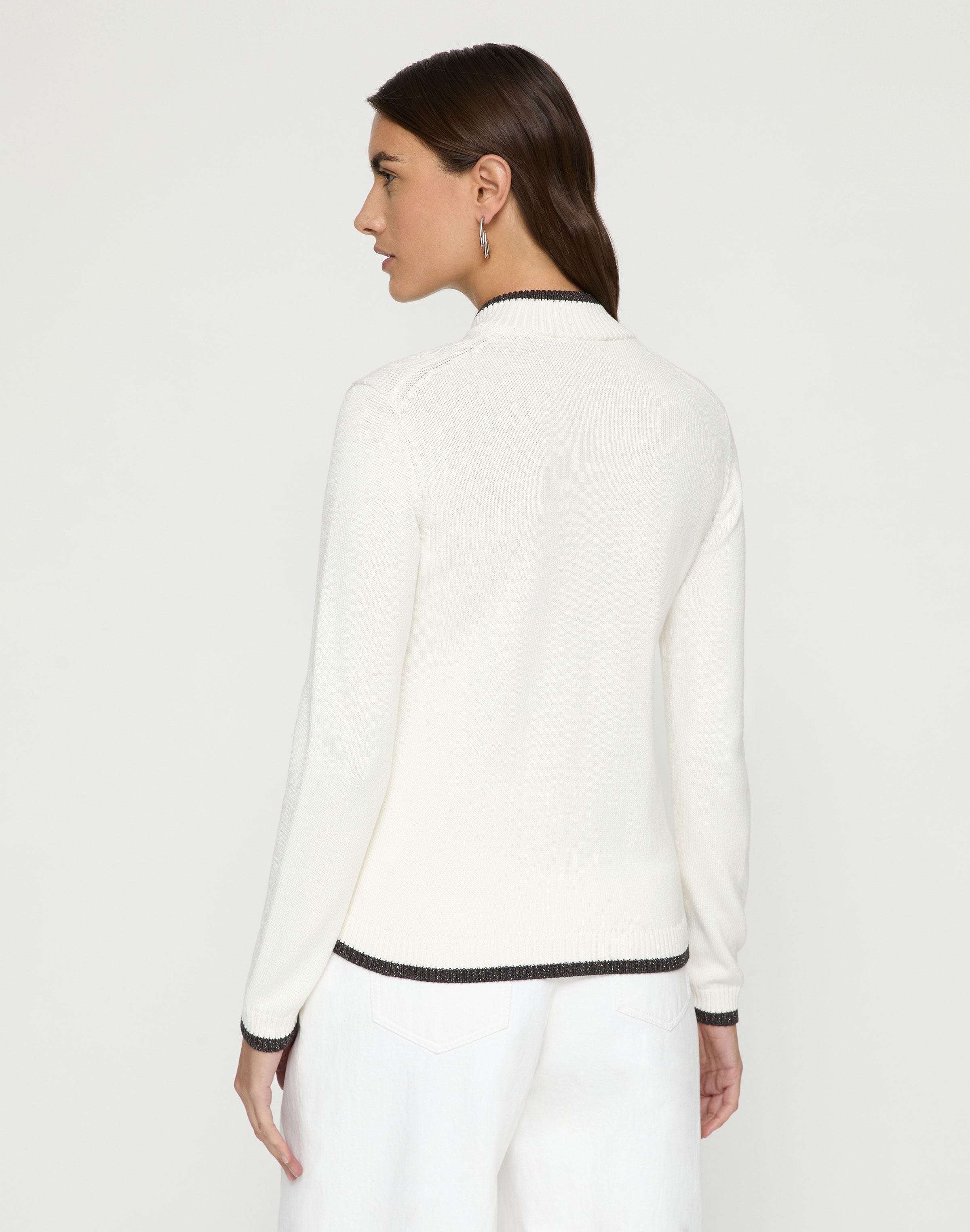 Petite Cotton-Silk Tape Tipped Stand Collar Cardigan