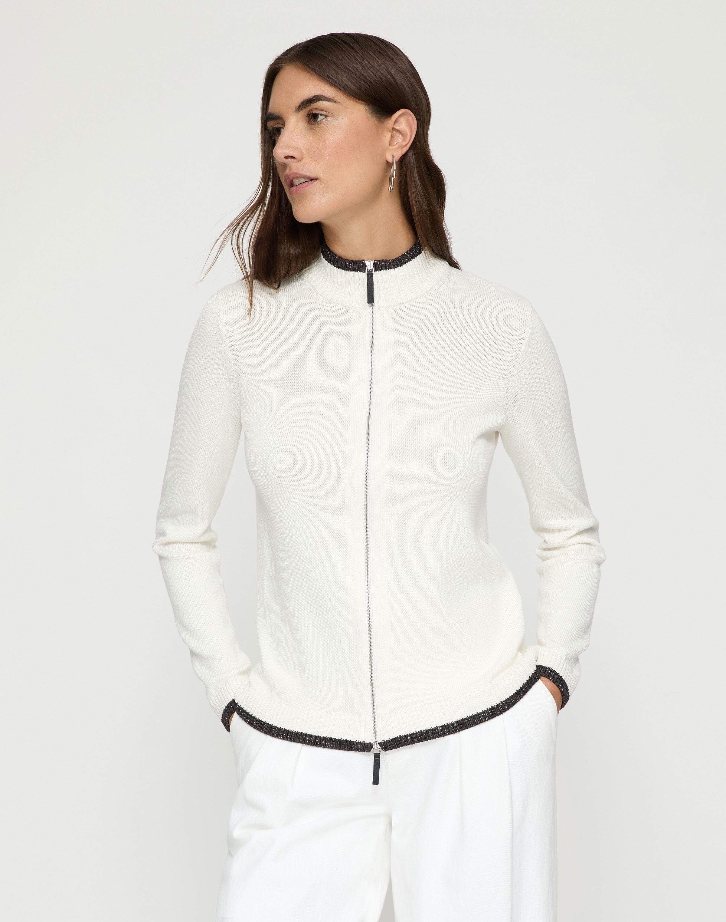Petite Cotton-Silk Tape Tipped Stand Collar Cardigan