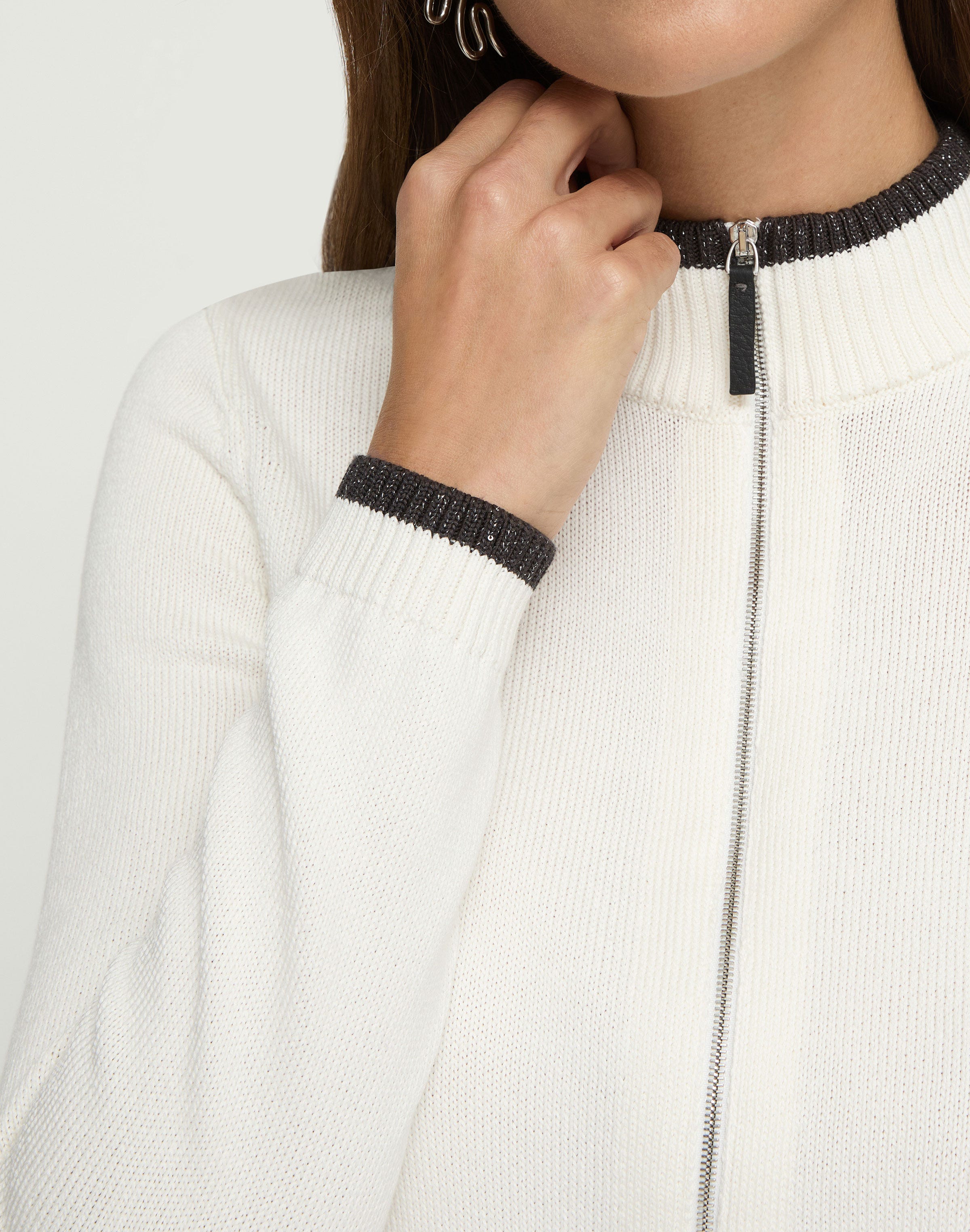 Petite Cotton-Silk Tape Tipped Stand Collar Cardigan