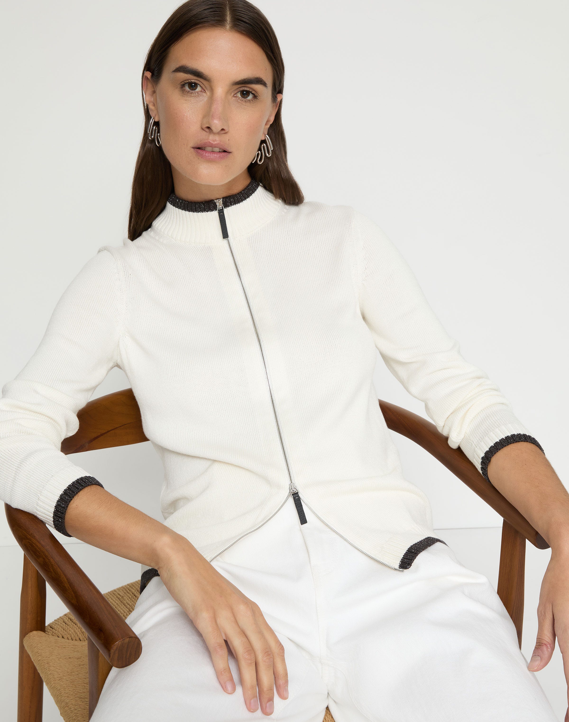Petite Cotton-Silk Tape Tipped Stand Collar Cardigan