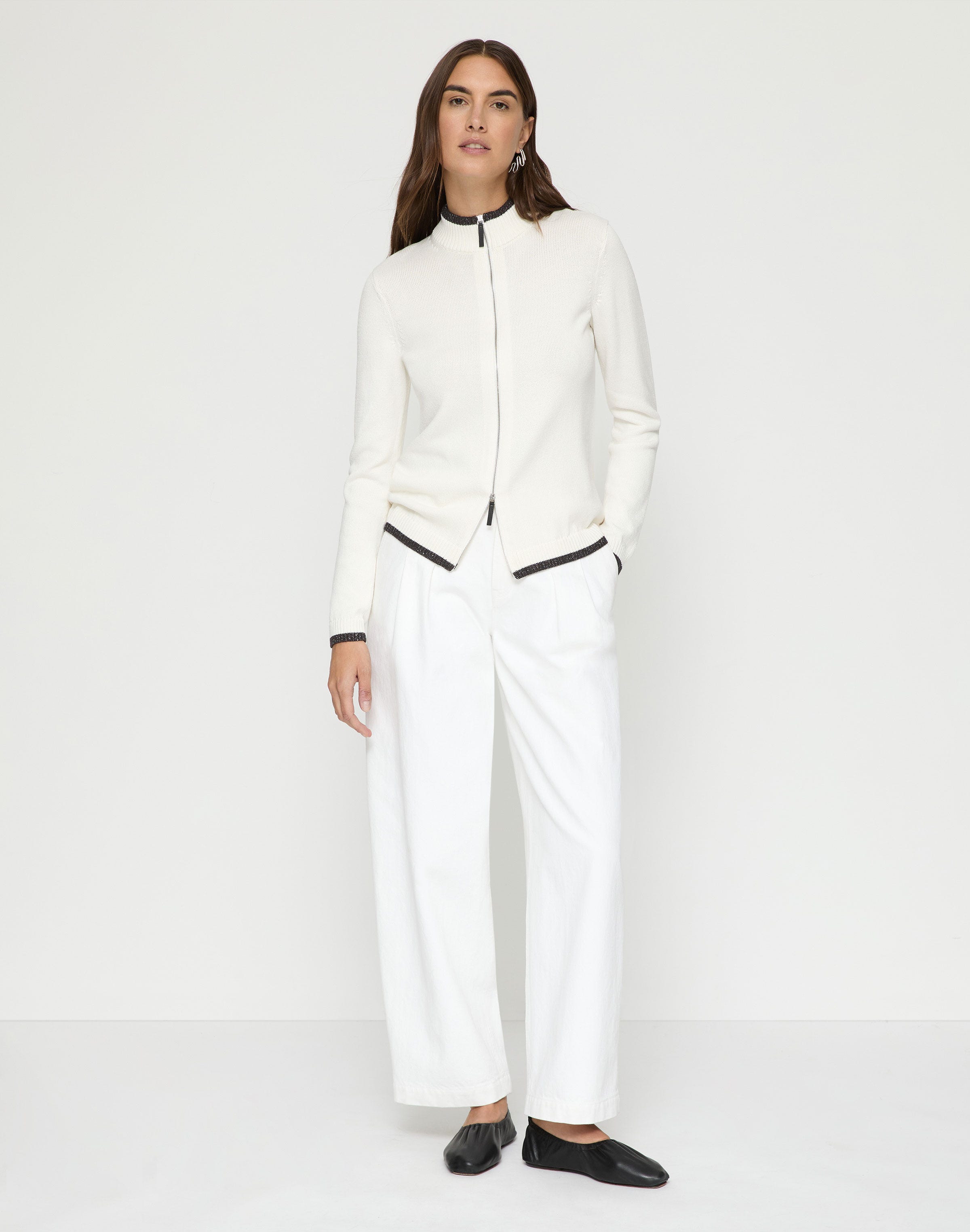 Petite Cotton-Silk Tape Tipped Stand Collar Cardigan