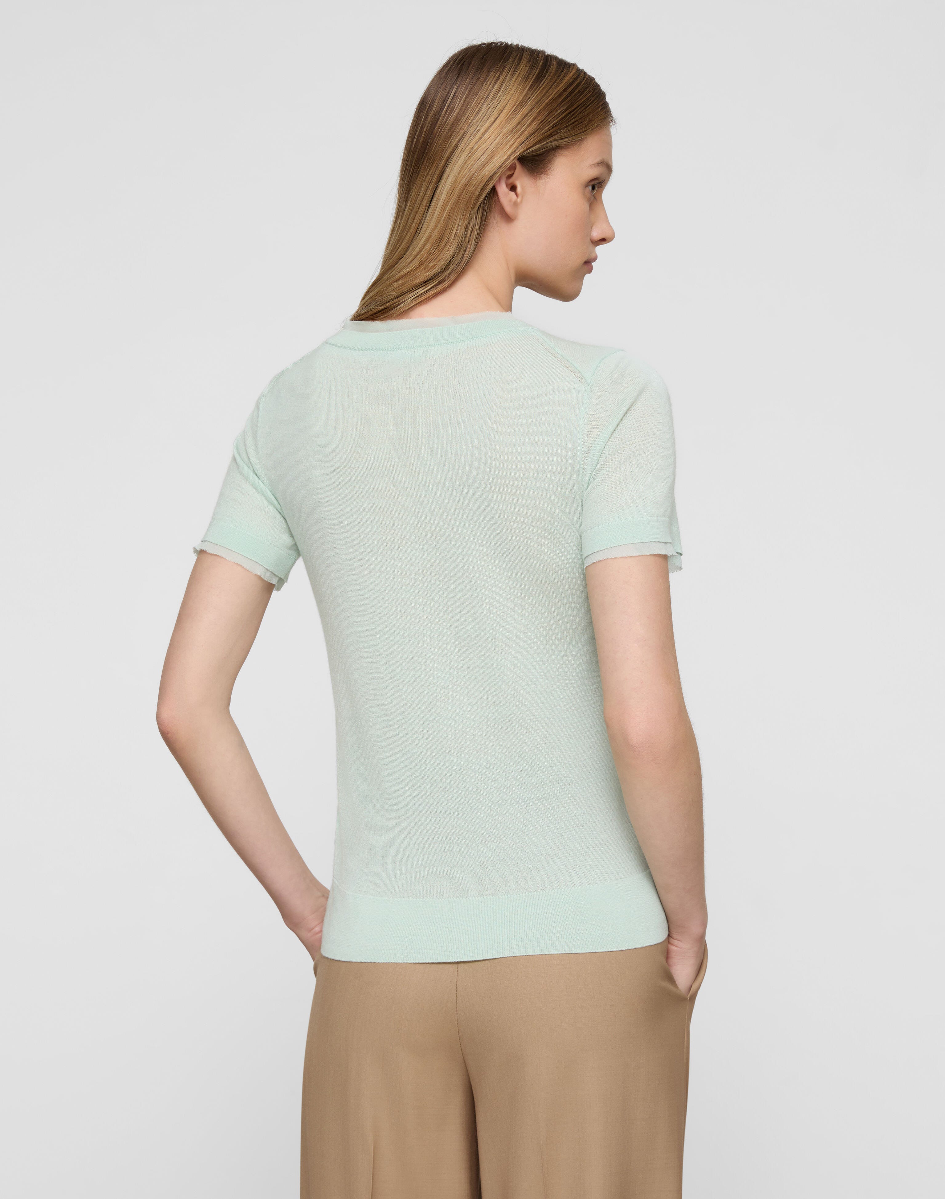Petite Fine Gauge Cashmere & Silk Chiffon Trim Sweater