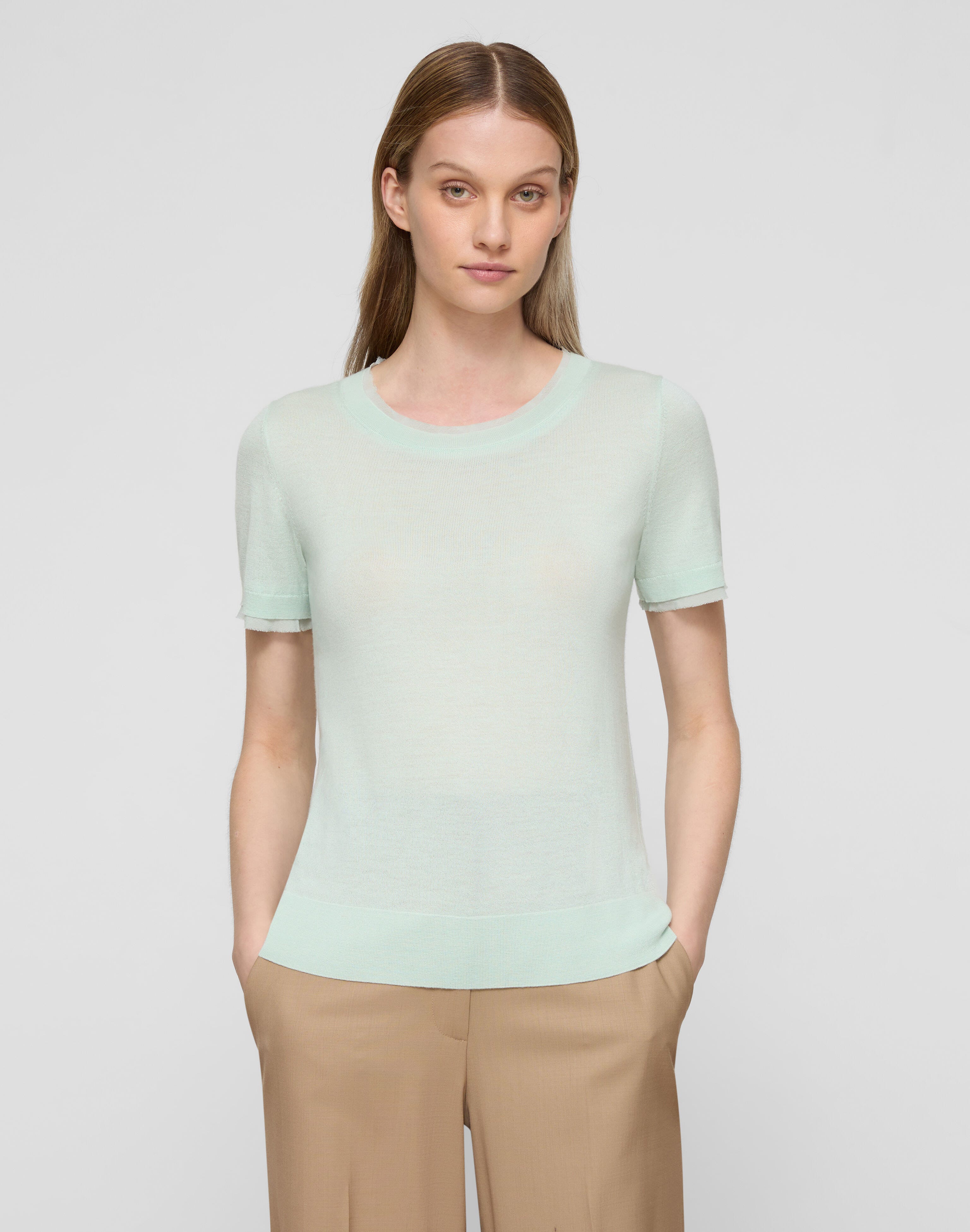 Plus-Size Fine Gauge Cashmere & Silk Chiffon Trim Sweater
