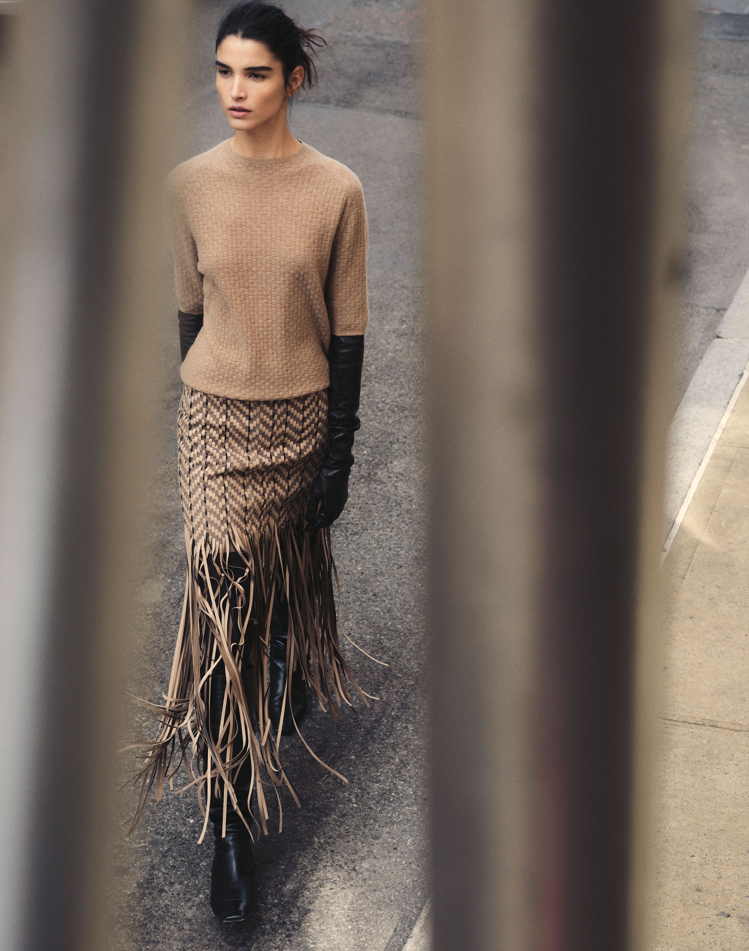 Cashmere Sweater and Handwoven Fringe Suede & Leather Skirt