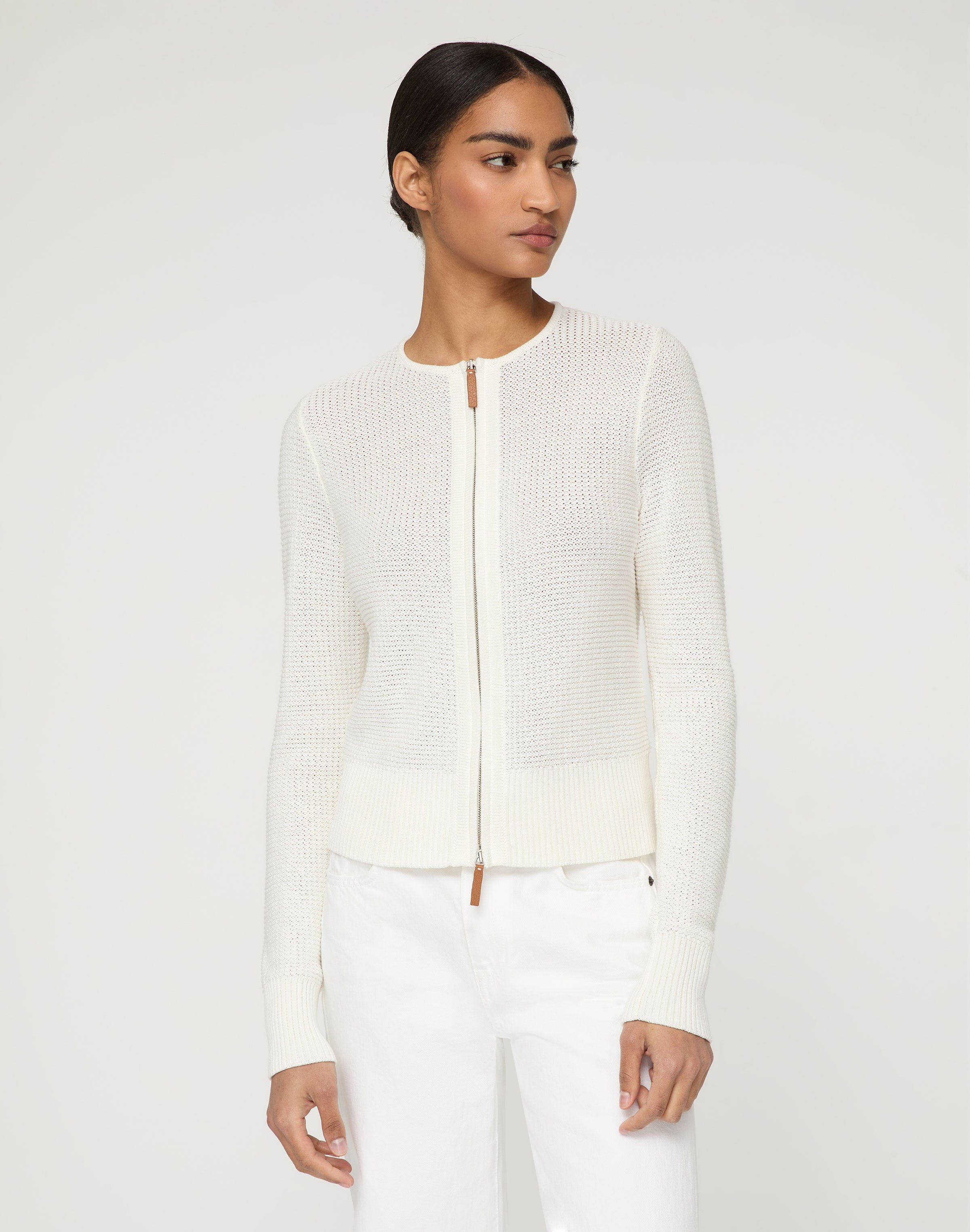 Petite Cotton-Silk Textured Stitch Zip Front Cardigan