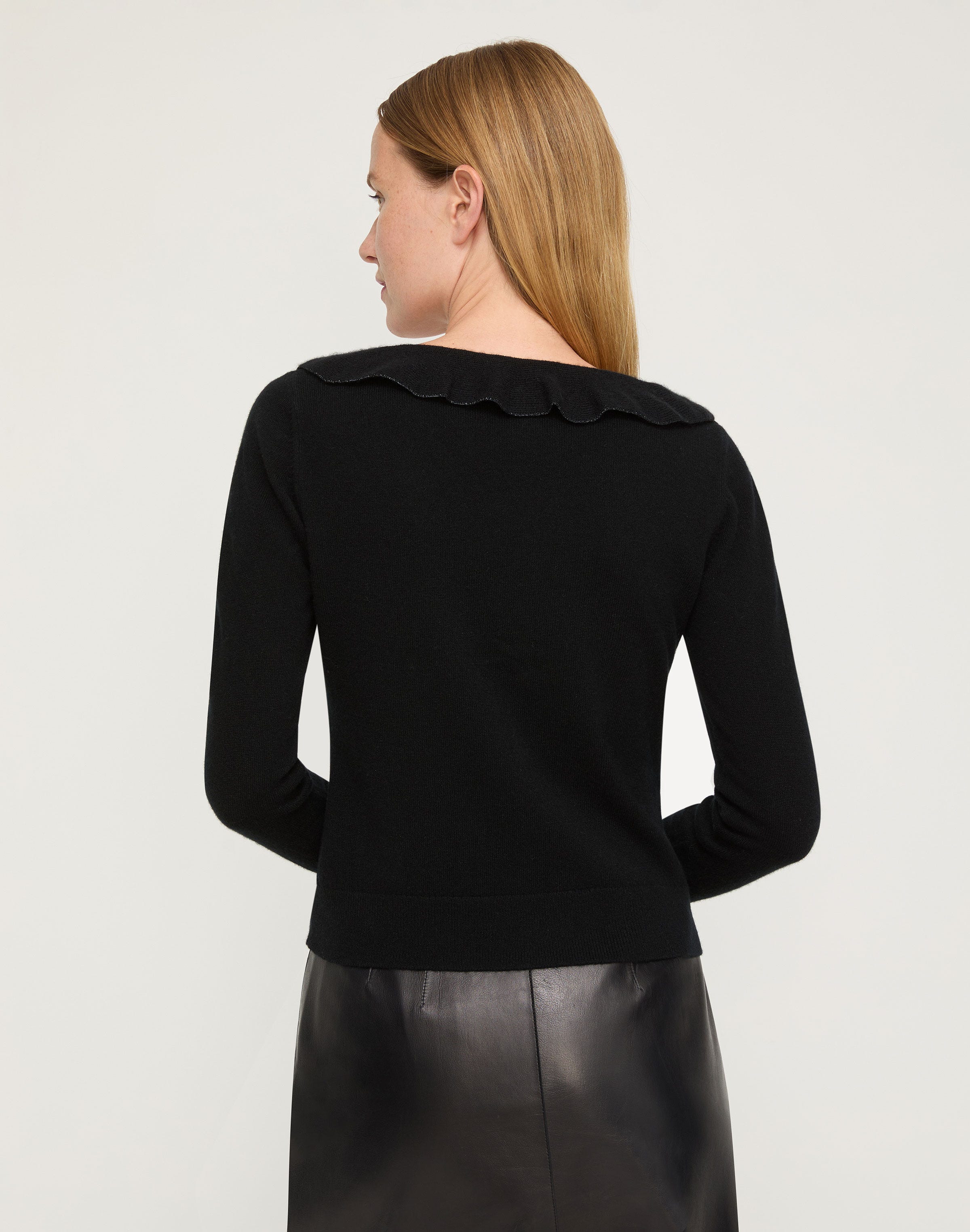 Cashmere Ruffle Trim Button Front Sweater