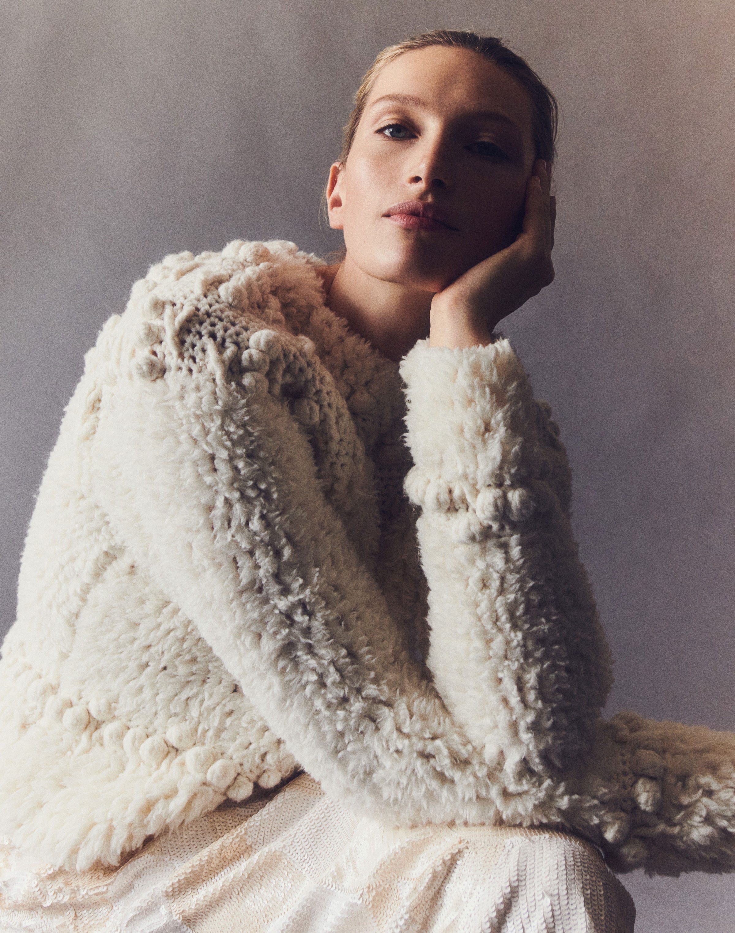 Hand Knit Alpaca-Wool Fleece Crochet Trim Sweater