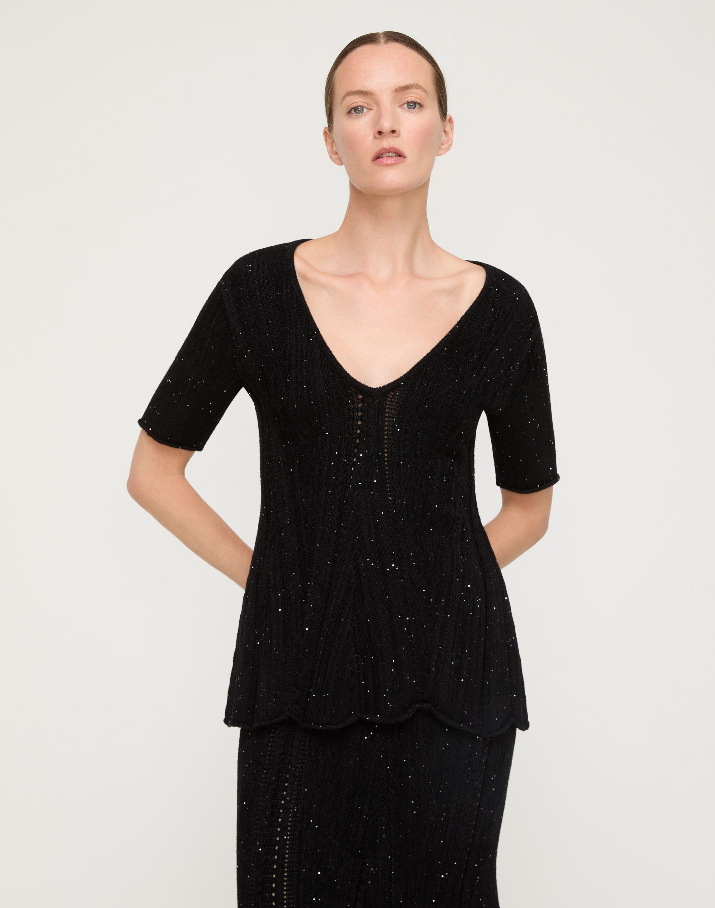 Sequin Velour V-Neck Peplum Sweater