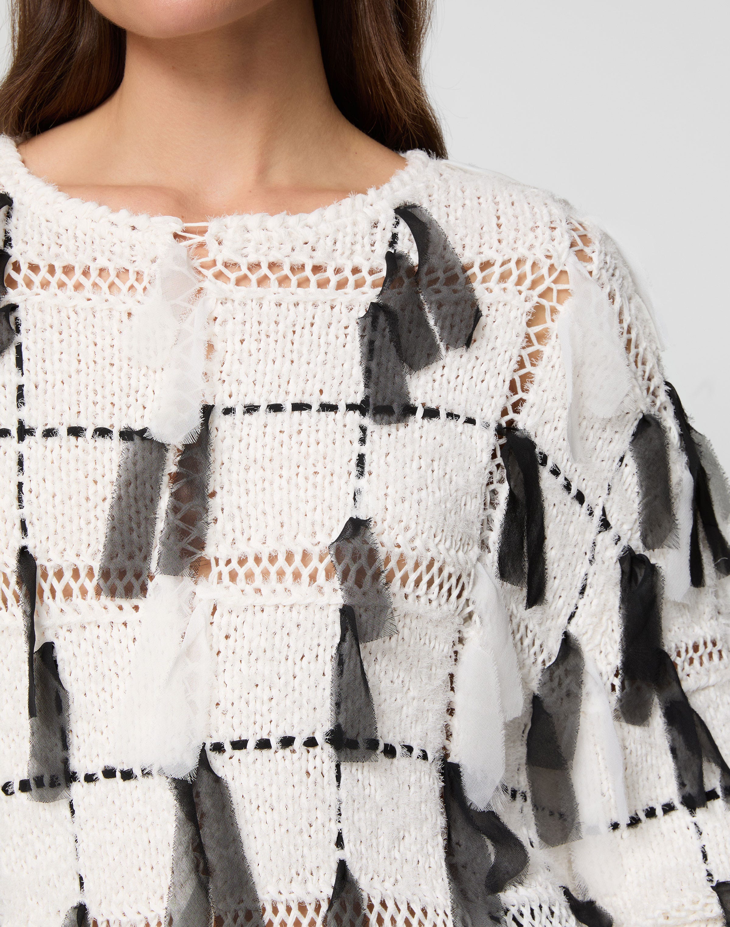 Hand Knit Grid Silk Fringed Oversized Sweater