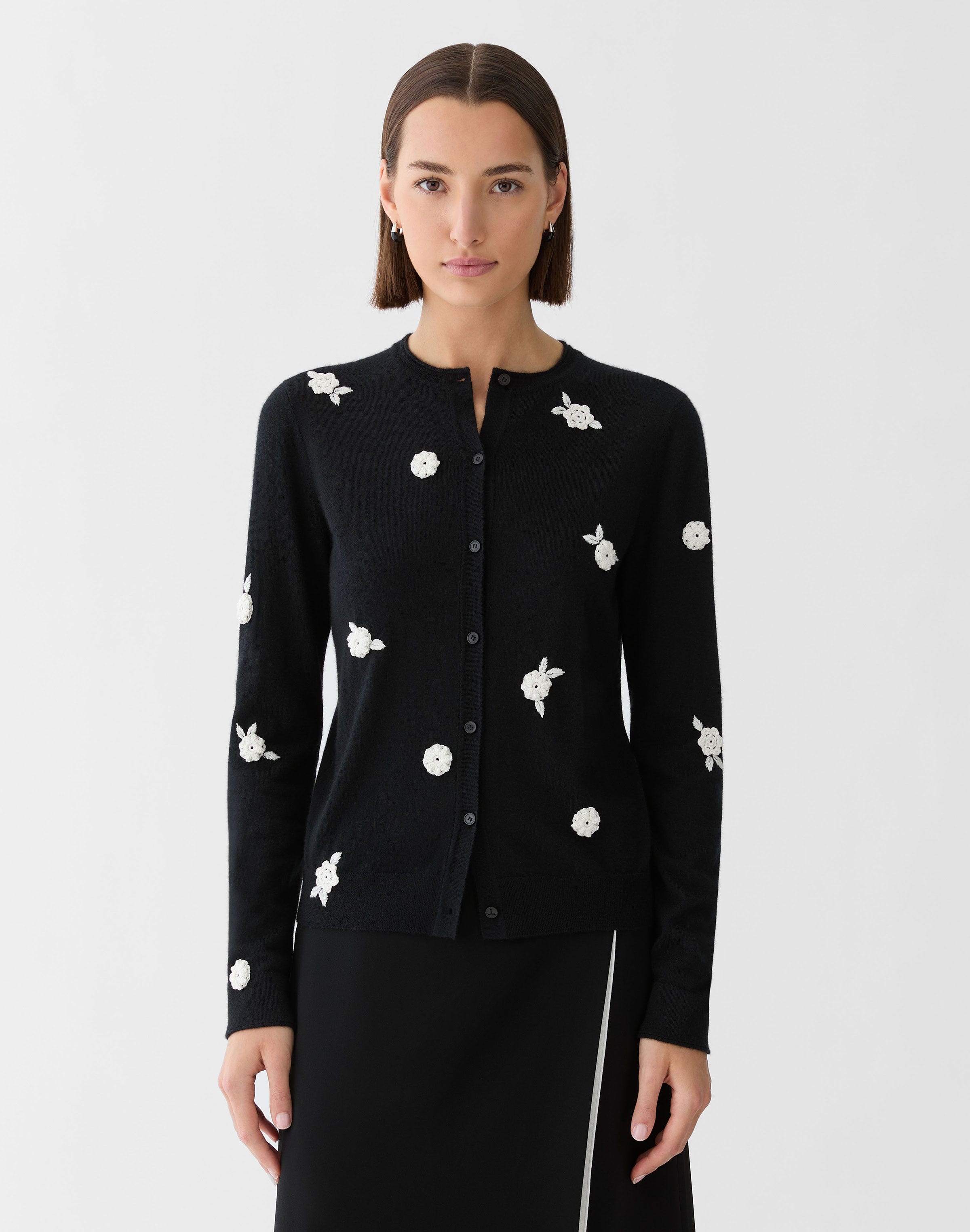 Fine Gauge Cashmere Hand Embellished Rose Cardigan