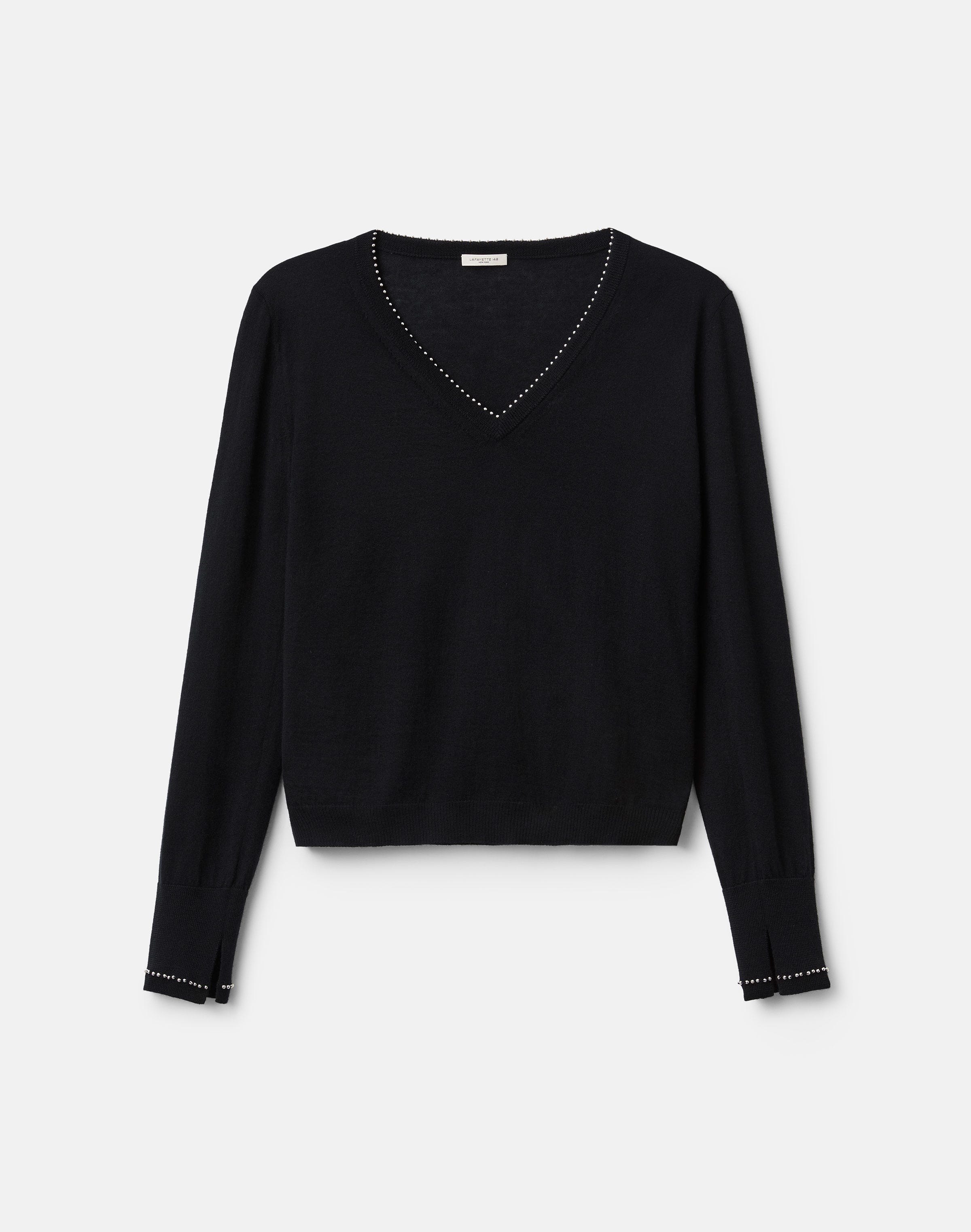 Petite Fine Gauge Cashmere Hand Beaded V-Neck Sweater